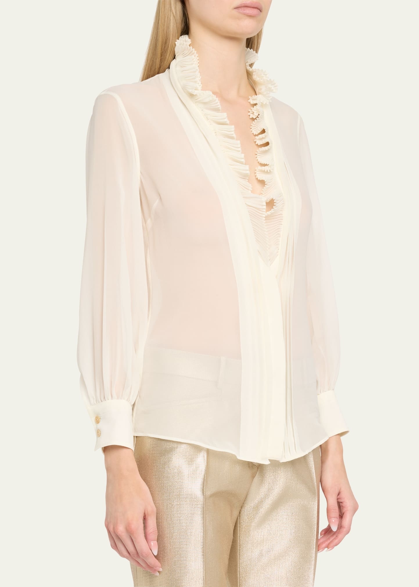 Pleated Puff Sleeve Blouse with Ruffle Trim - 4
