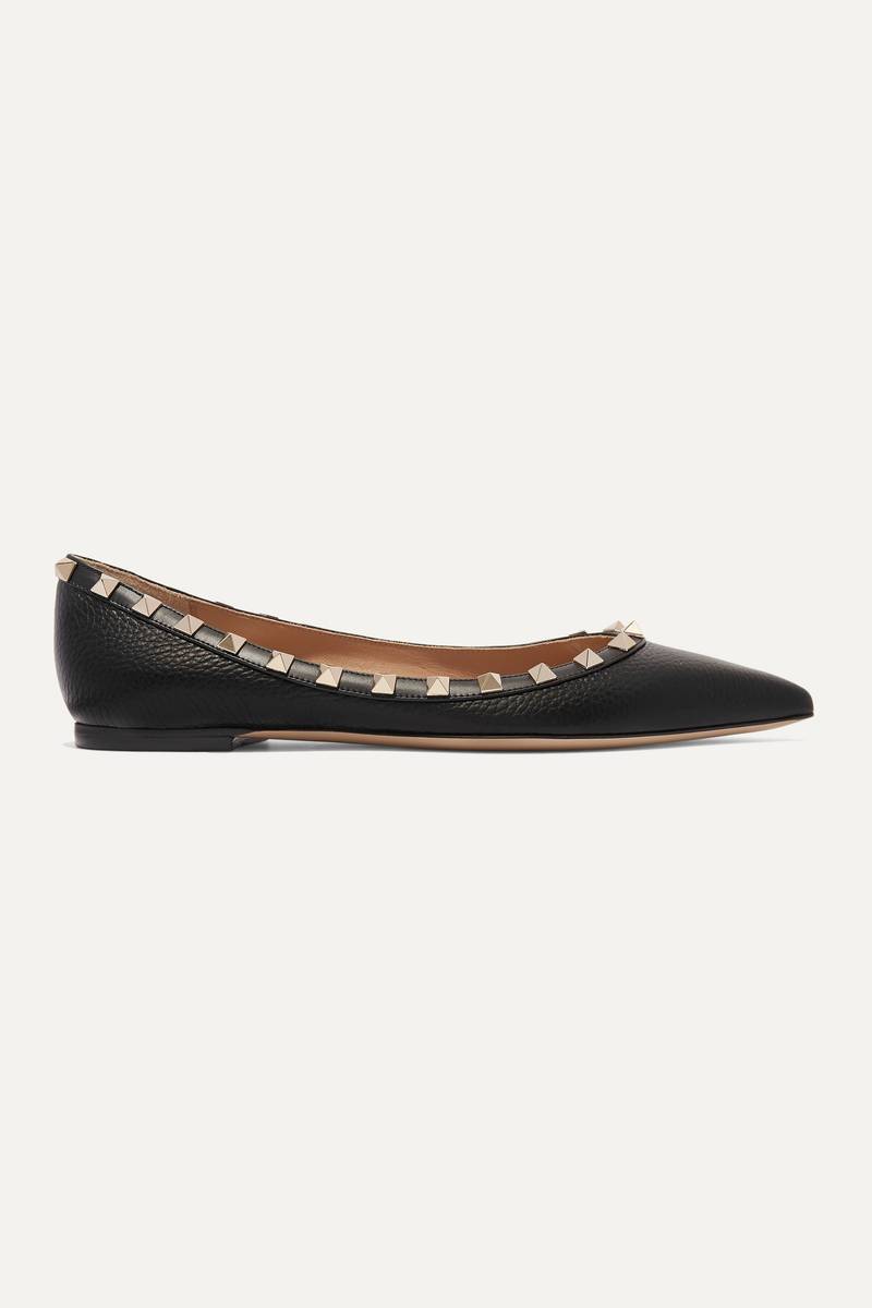 Valentino Garavani Rockstud textured-leather point-toe flats - 1