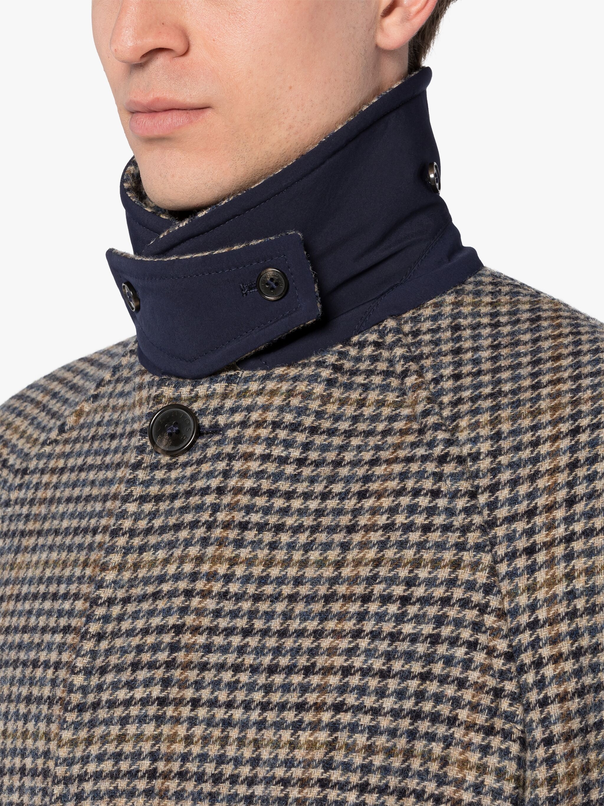 BOSTON NAVY CHECK WOOL OVERCOAT - 5