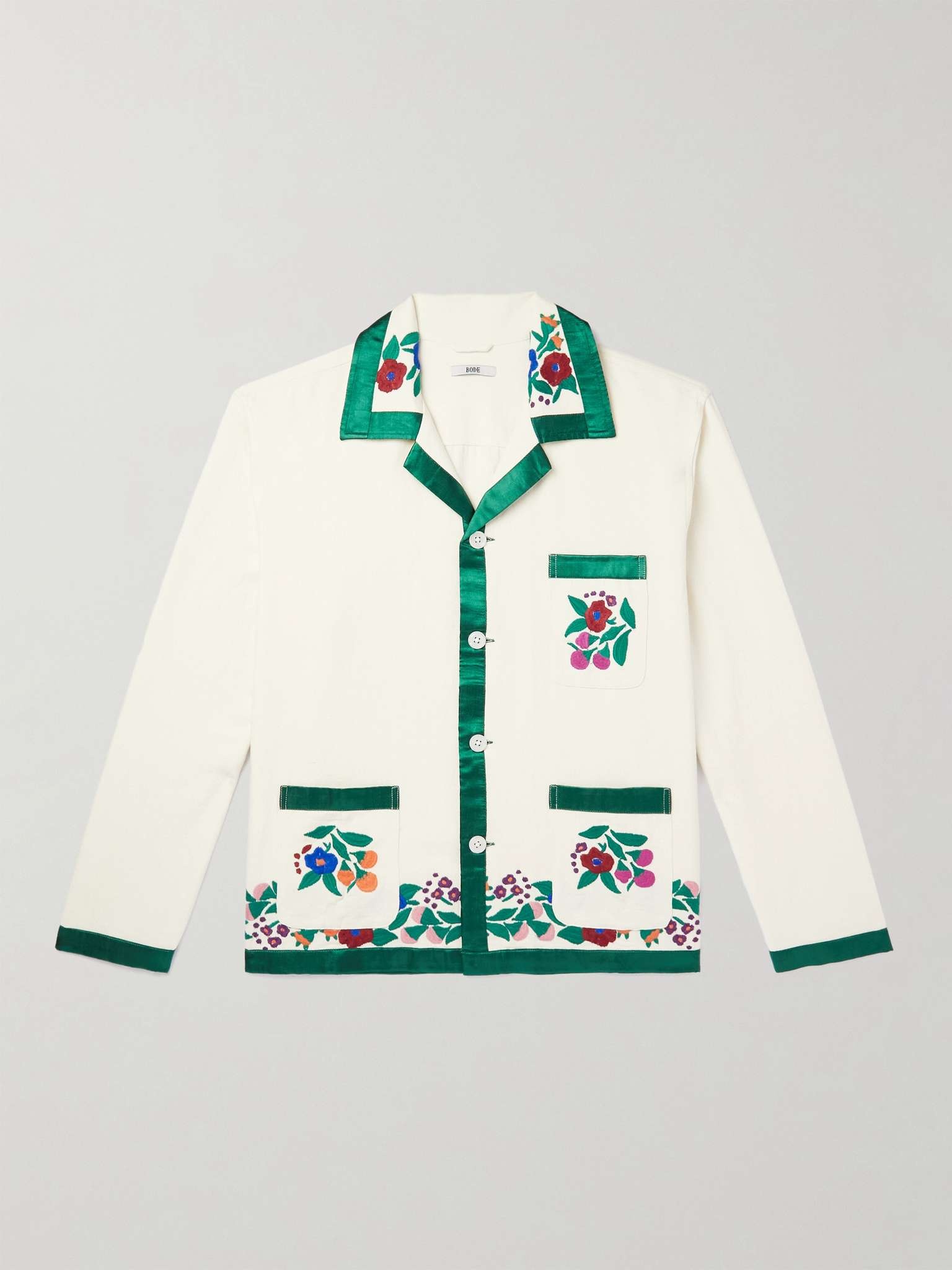 Winter Garden Satin-Trimmed Embroidered Cotton Overshirt - 1