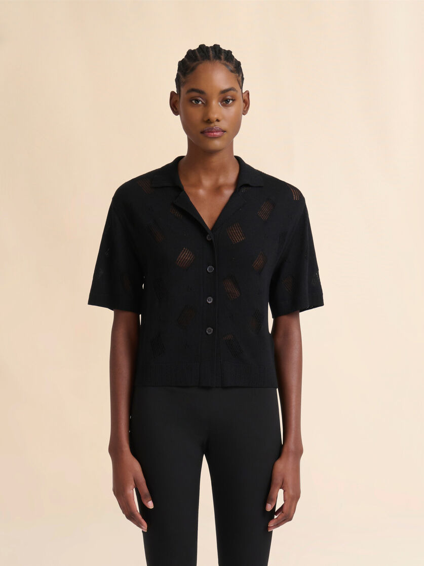 BLACK WOOL-SILK KNIT OPENWORK SHIRT - 2