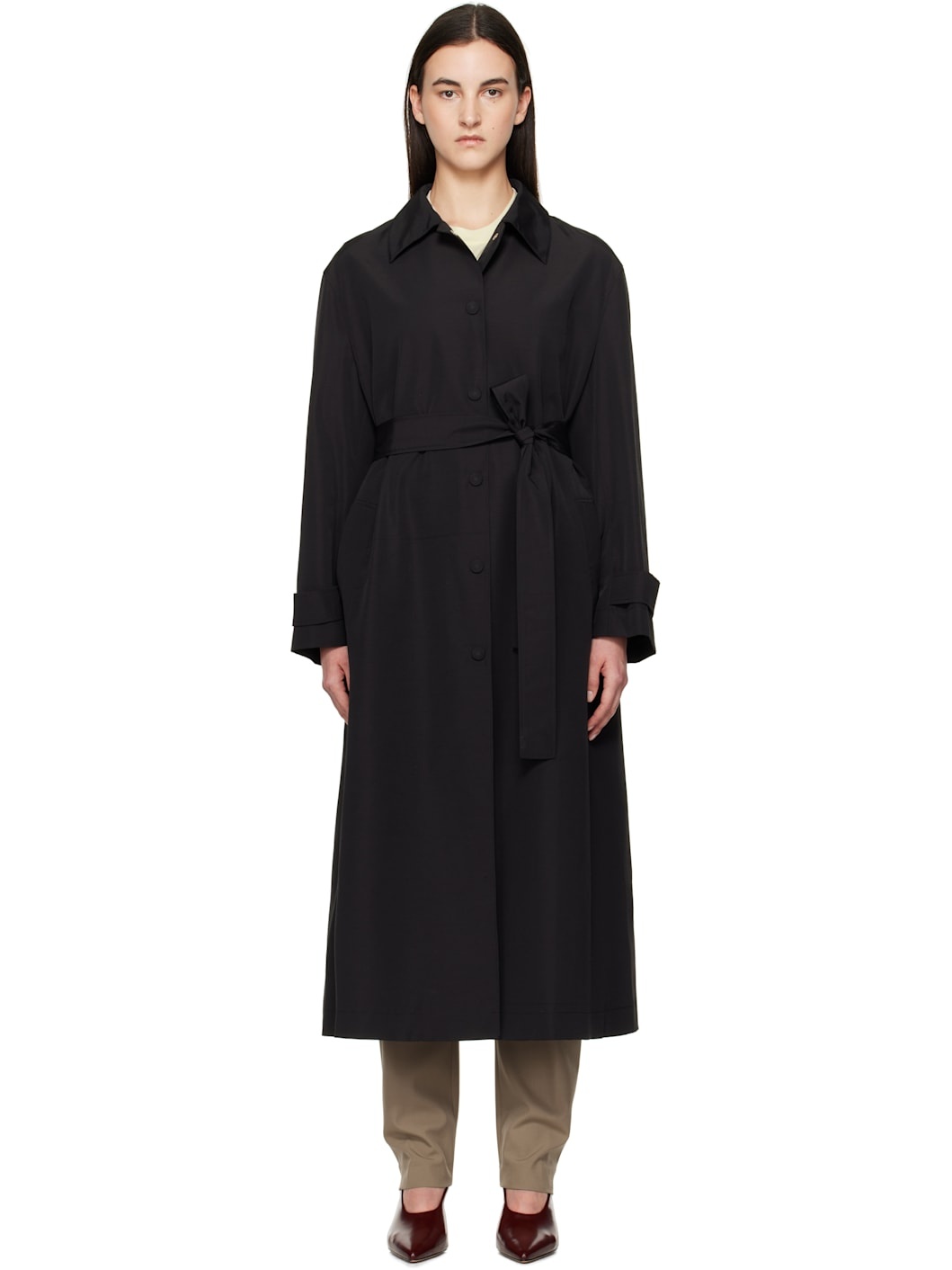 Black Wool-Nylon Belted Wrap Trench Coat - 1
