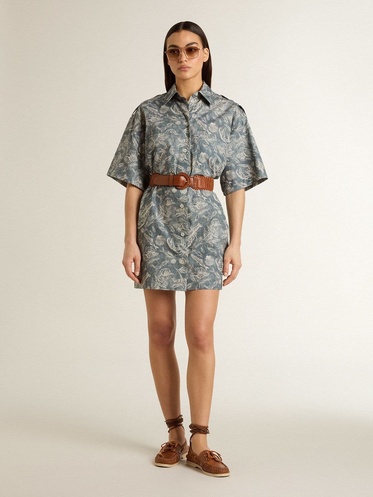 Women's short shirt dress in light blue cotton poplin with all-over marine print - 3