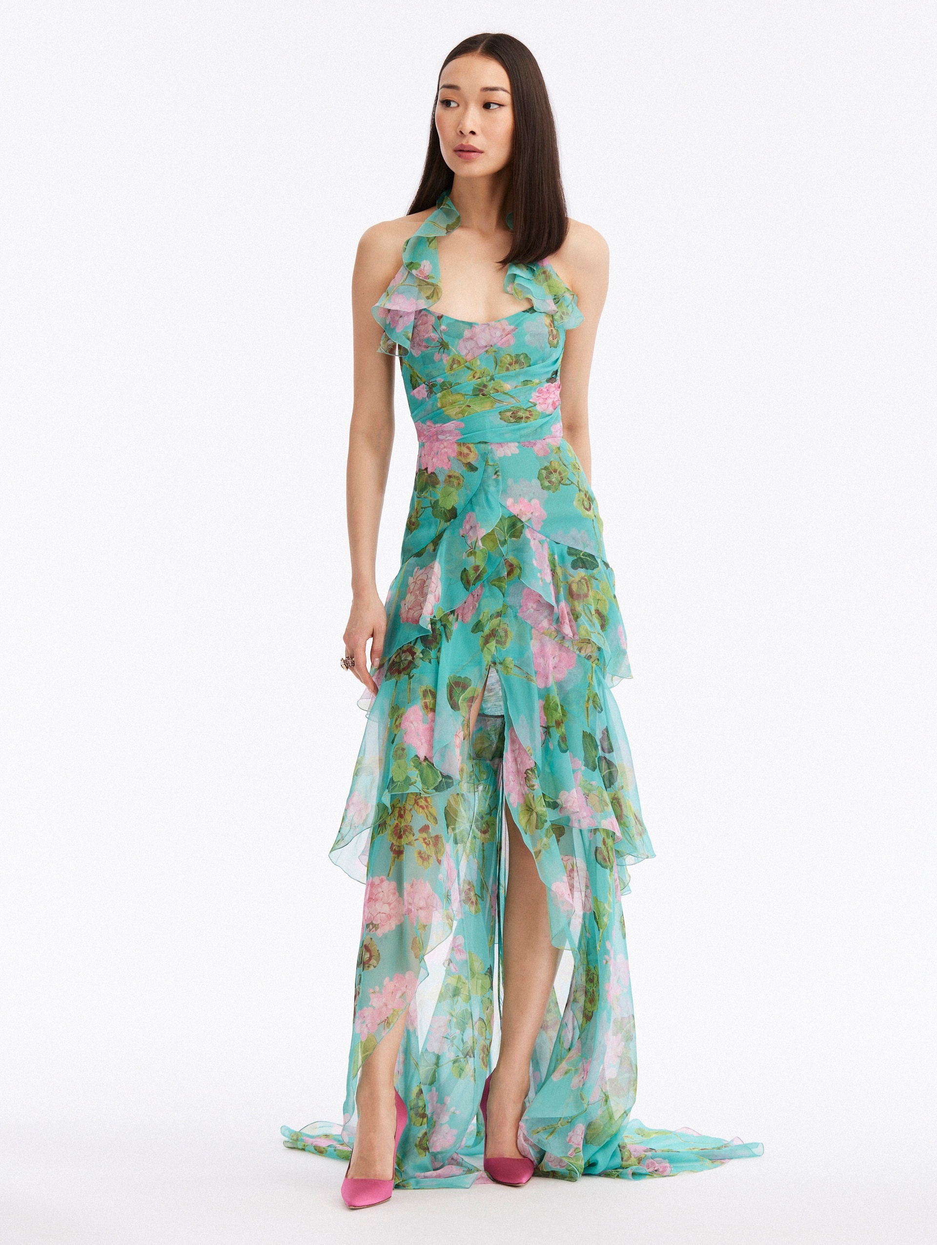 RUFFLE GERANIUM CHIFFON GOWN - 1