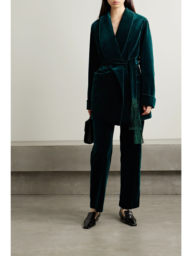 Loro Piana Raniya belted macramé-trimmed cotton-blend velvet jacket Dark green outlook
