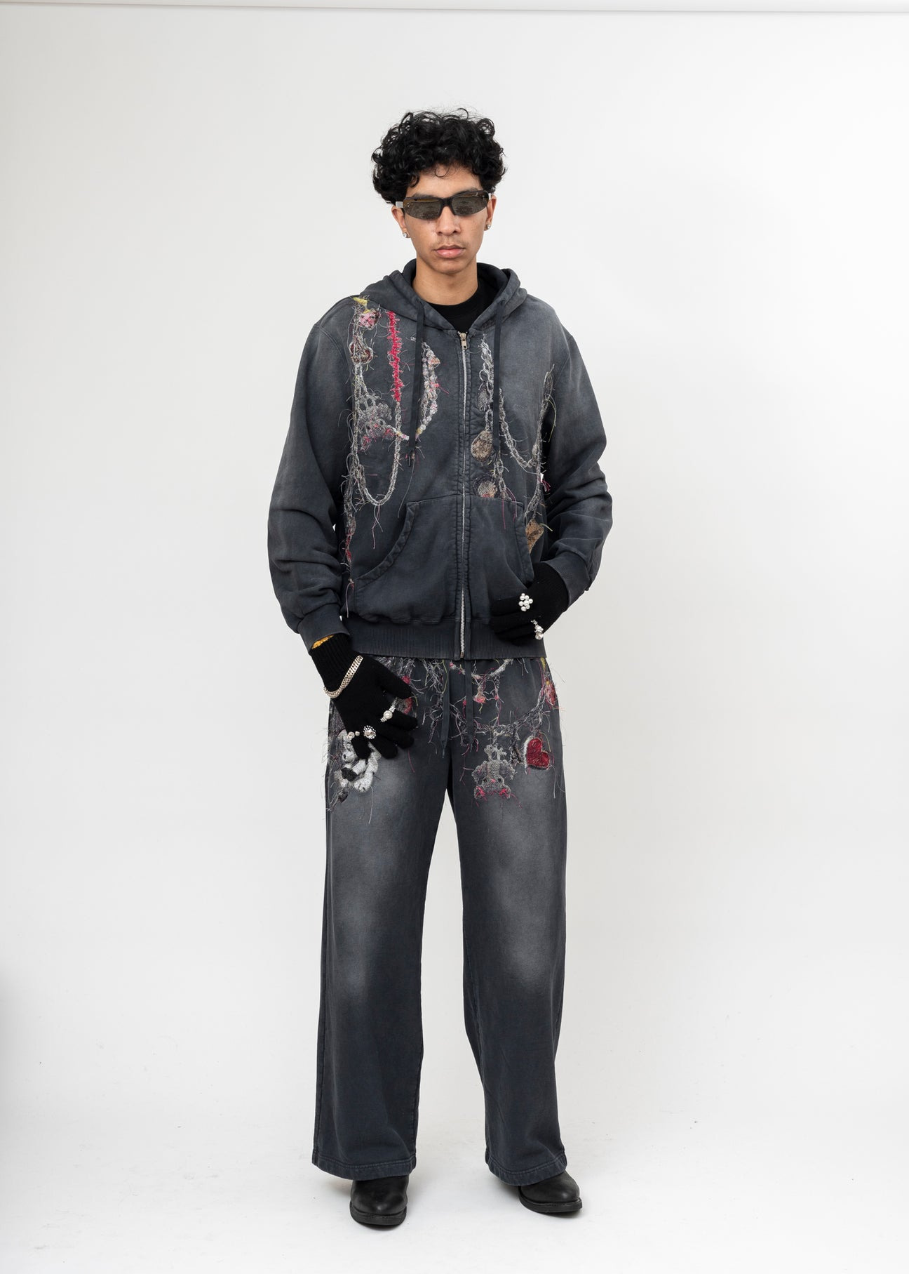 BLACK DOUBLET EMBROIDERED CHAIN ZIP-UP HOODIE - 8