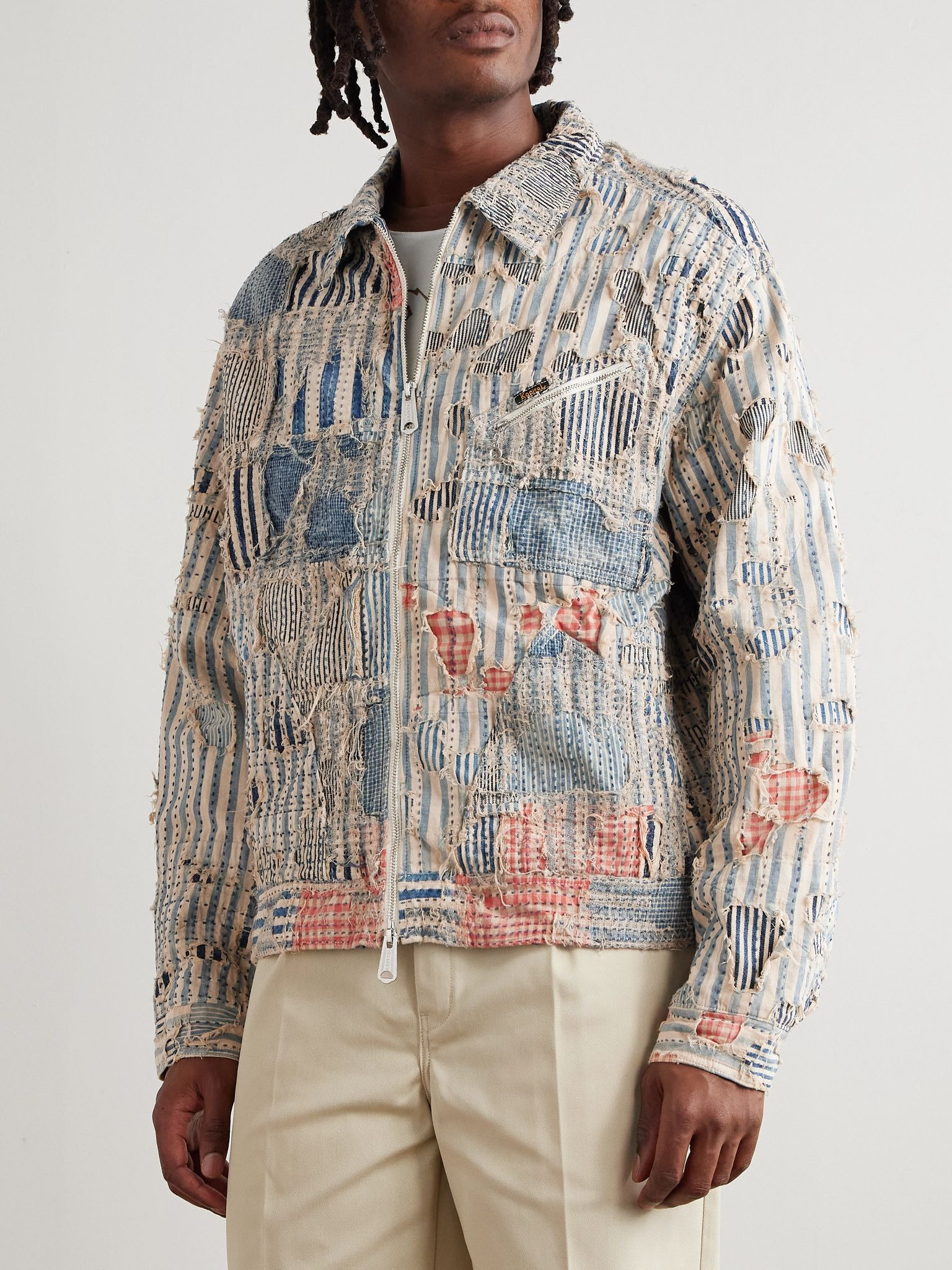 Boro Distressed Patchwork Cotton and Linen-Blend Zip-Up Jacket Blue - 3