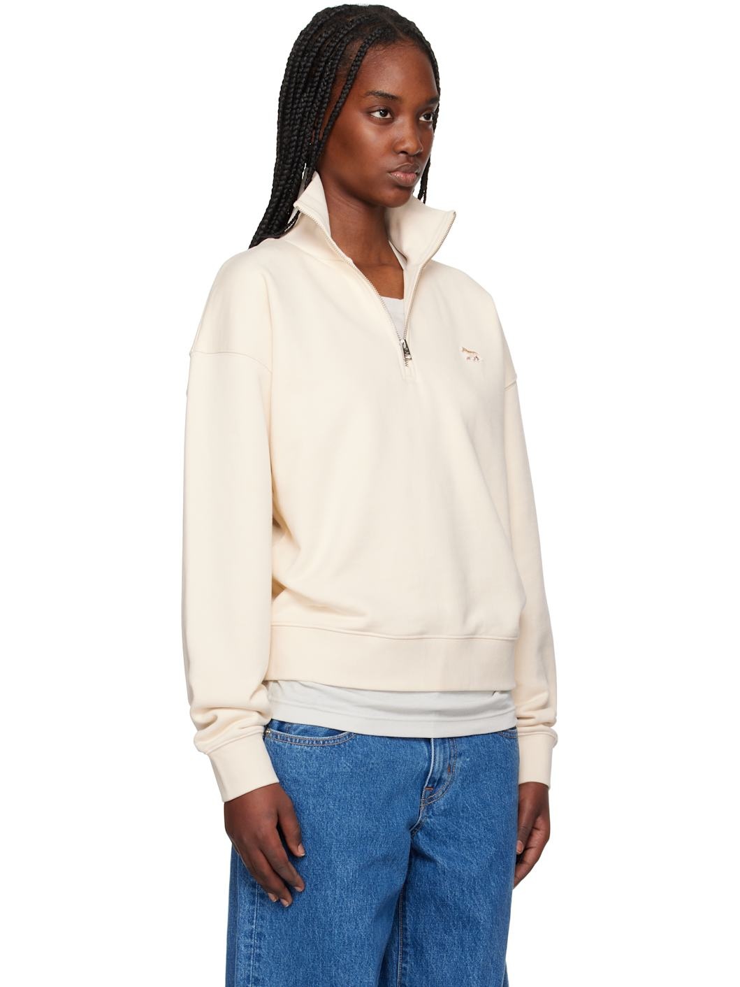 Beige Baby Fox Patch Half Zip Sweatshirt - 2