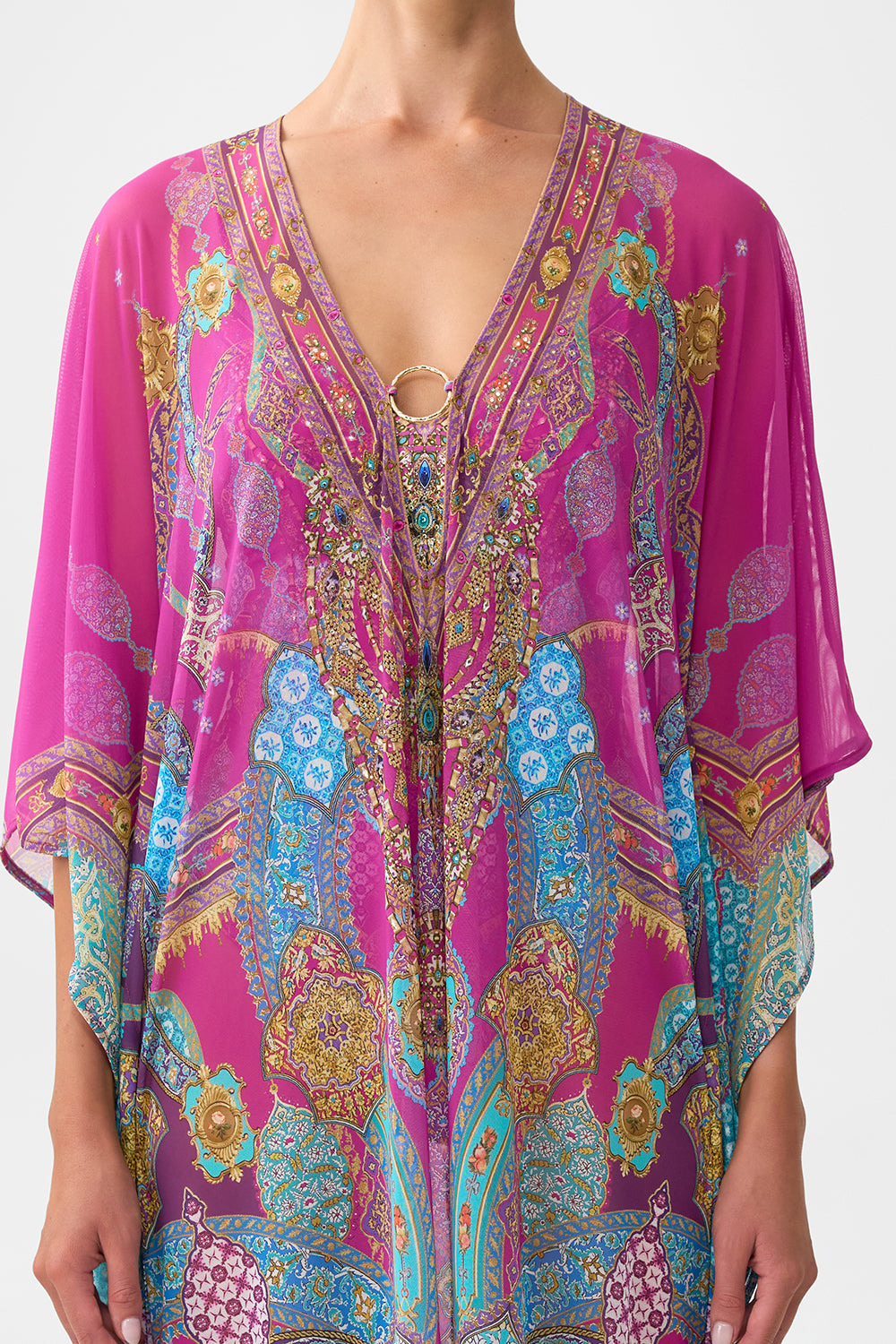 LONG V NECK KAFTAN WITH RING FRONT TRIM - 6
