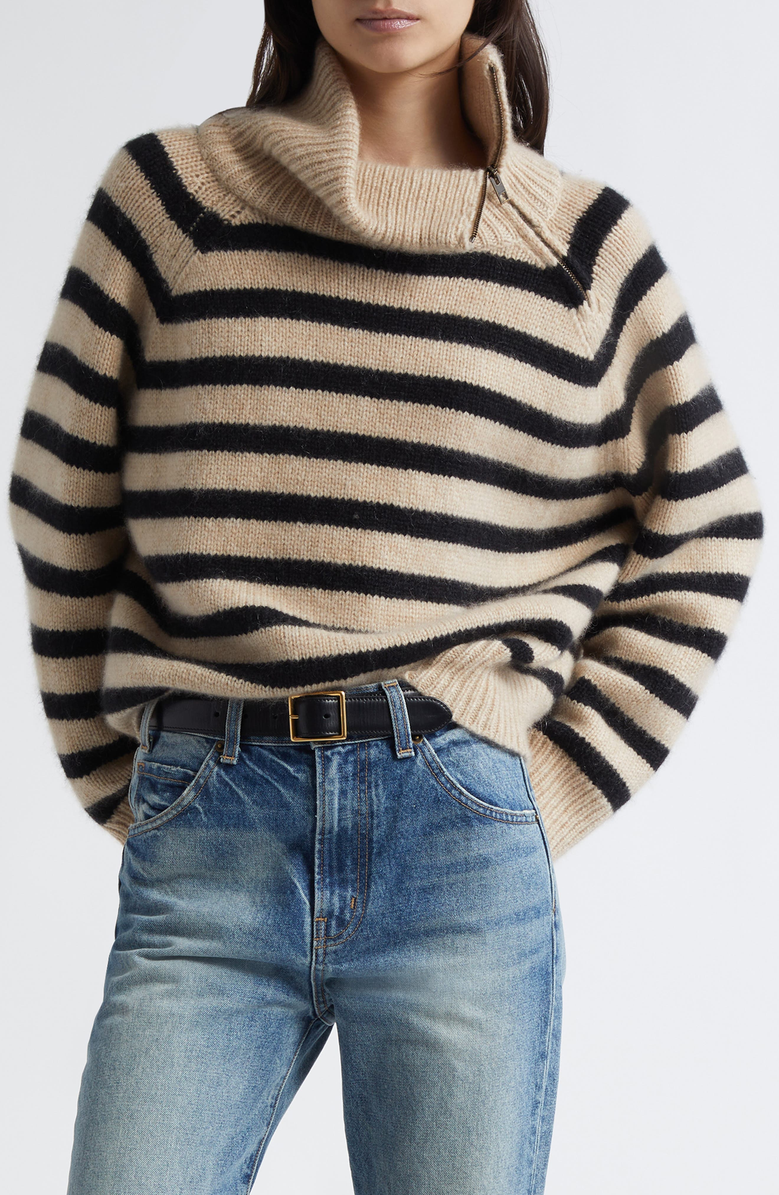 Nili Lotan Raelynn Stripe Turtleneck Cashmere Sweater in Parchment/Black Stripe at Nordstrom - 1