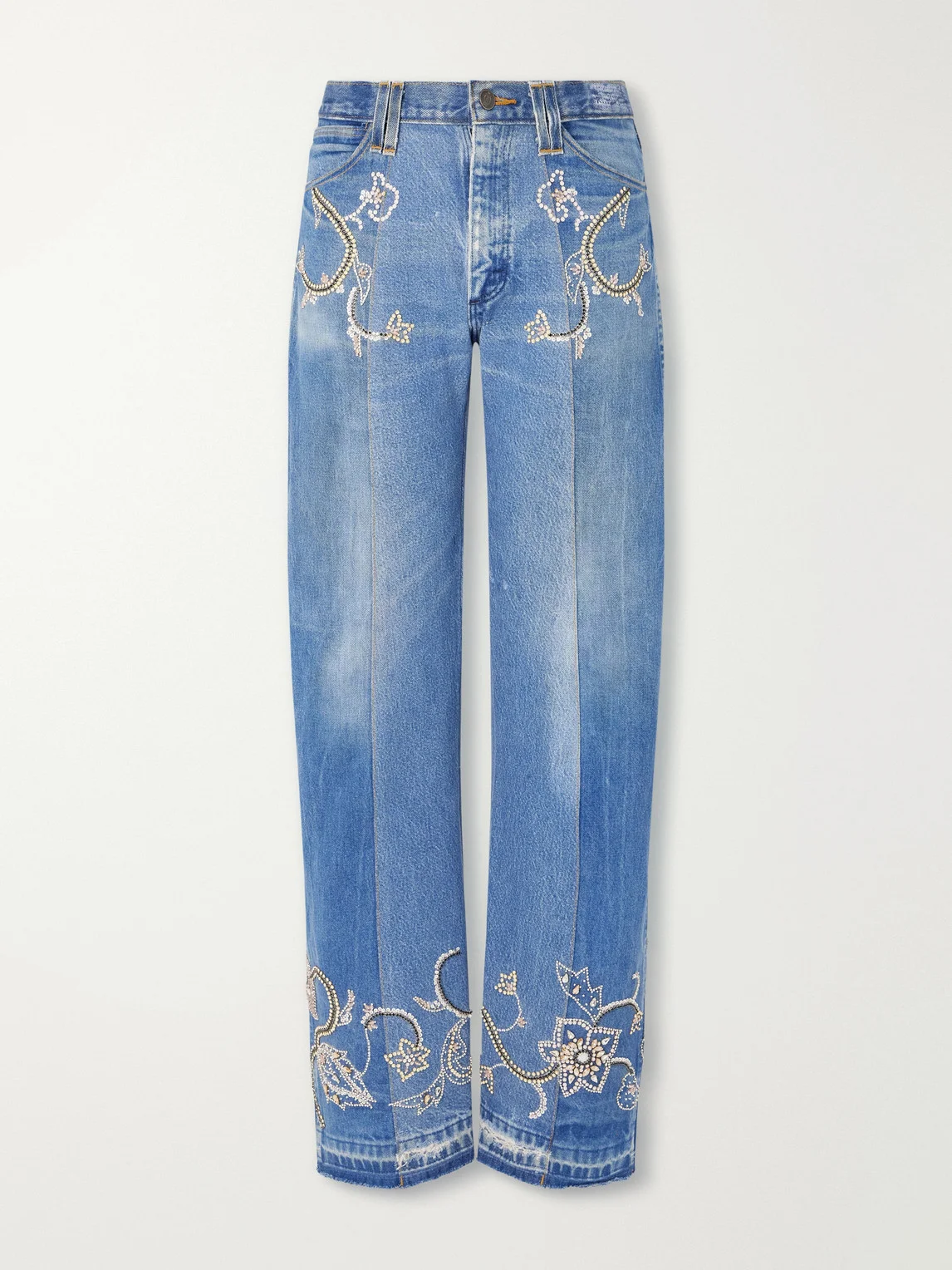 Straight-Leg Distressed Bead-Embellished Jeans - 1