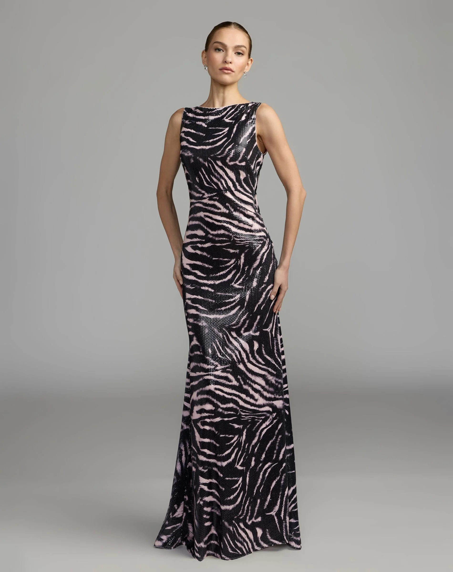 Tiger Print Sequin Cowl Back Gown - 1
