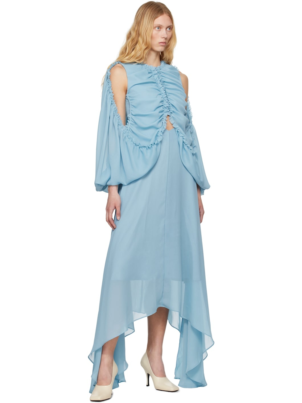 Blue Shirred Poncho Vest Midi Dress - 5