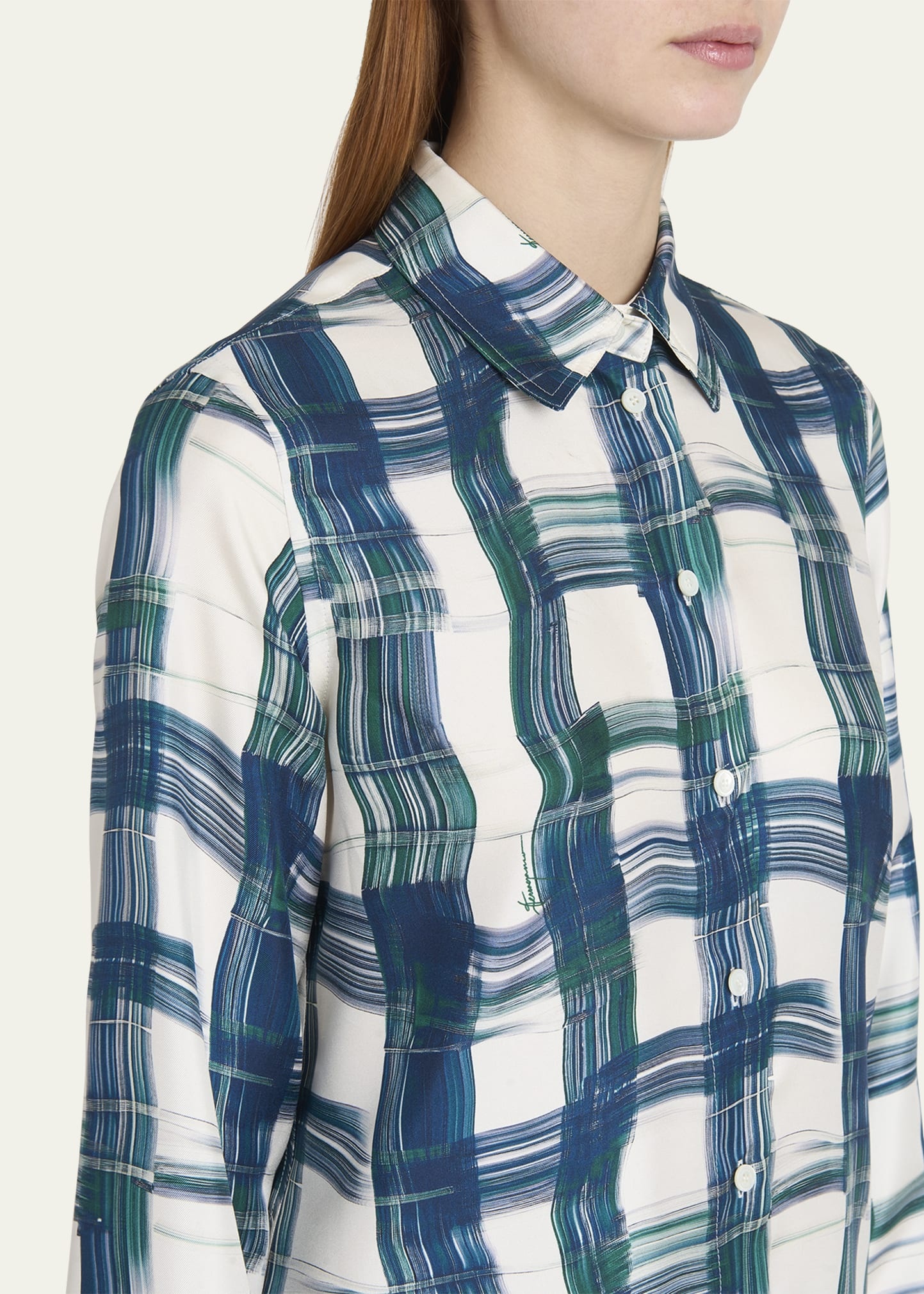 Brushstroke Check Button Down Silk Blouse - 5