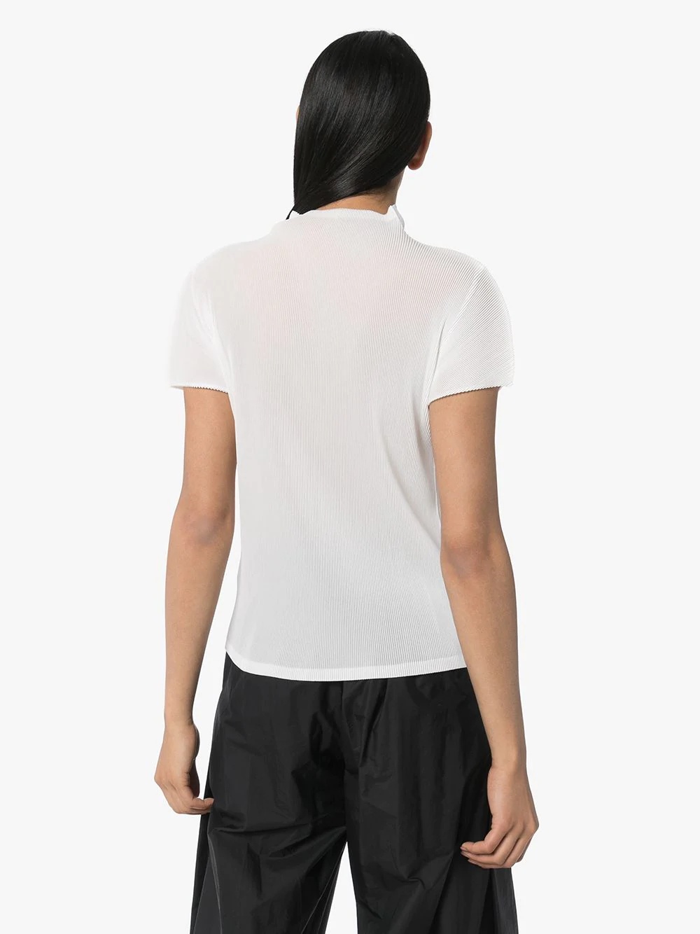 high neck short sleeve plissé top - 4