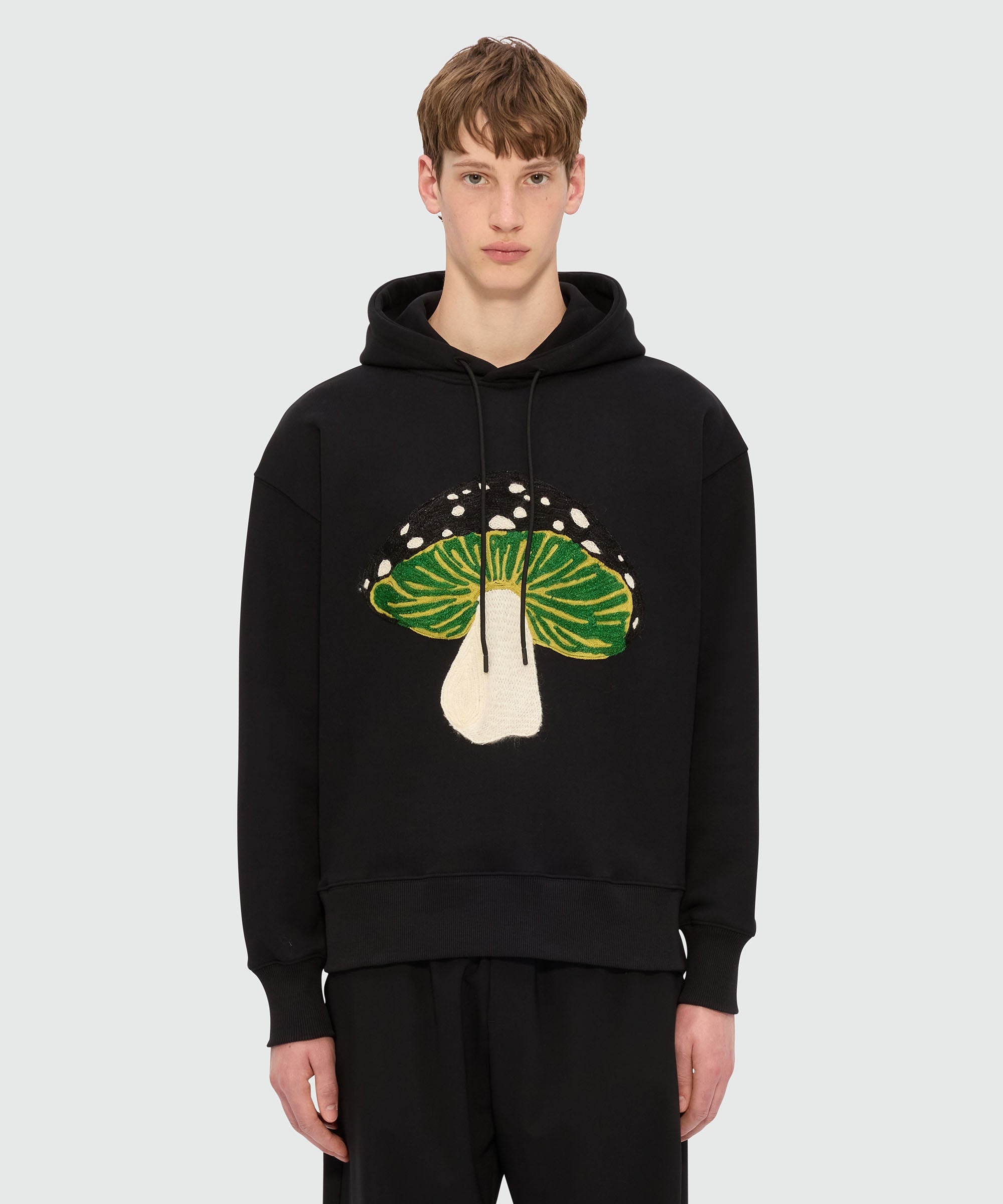 Black jersey hoodie with "I Love Mushrooms" patch and quote - 2