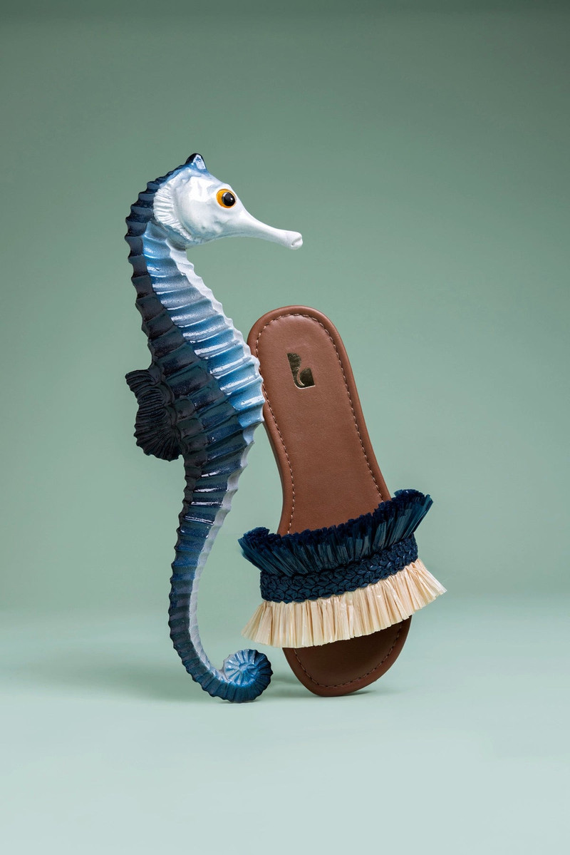 Larroudé Bahia Fringe Flat In Beige And Navy Raffia outlook