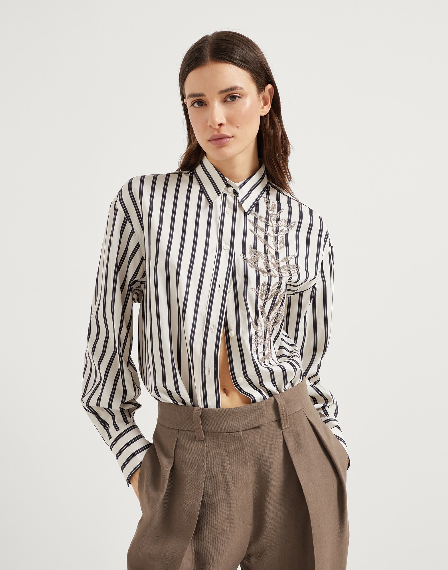 Regimental cotton and silk poplin shirt with glistening herbarium embroidery - 4