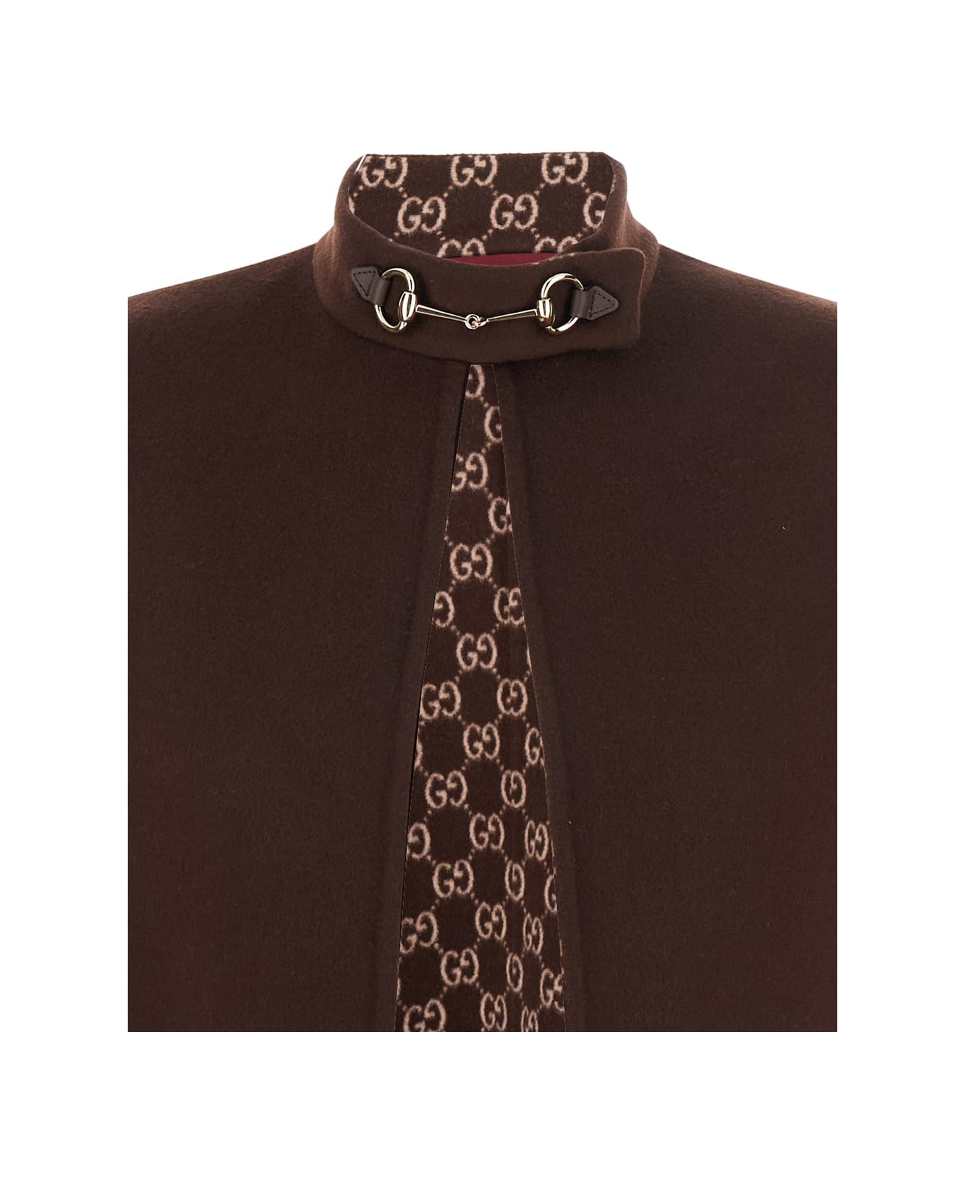 Brown Cape With Iconic Clamp And Gg All-over Motif Interior In Wool Woman - 3