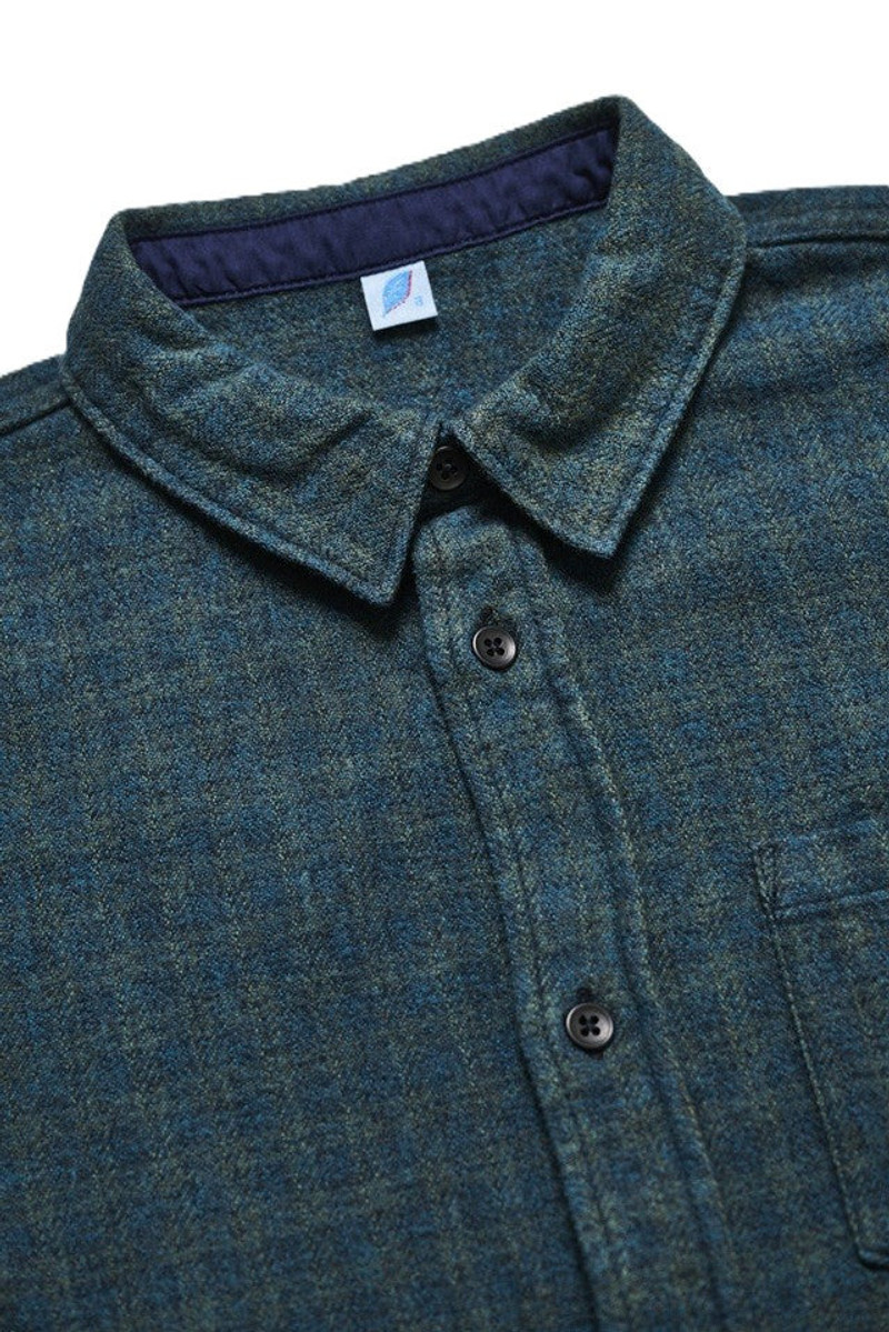 Pure Blue Japan 2235-GR Cotton Tweed Over Dye Shirt - Green Check Indigo outlook