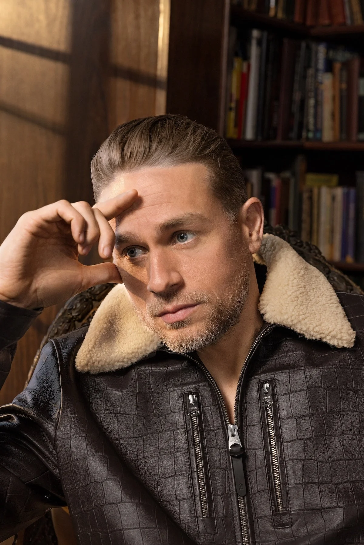 CHANCE-NV Croc-Embossed Leather Jacket with Shearling Collar - 1