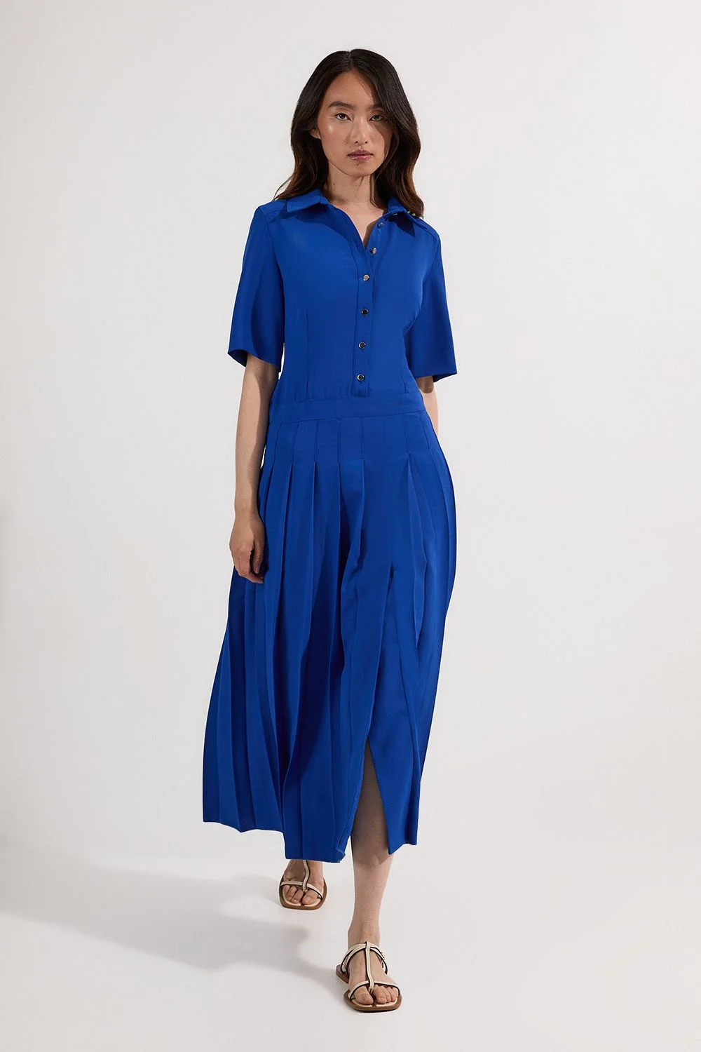 Tailored Crepe Pleated Shirt Dress - 1