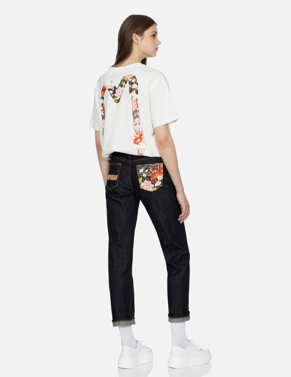 GOLDFISH AND FLORAL FLOW EMBROIDERY STRAIGHT FIT DENIM JEANS - 3