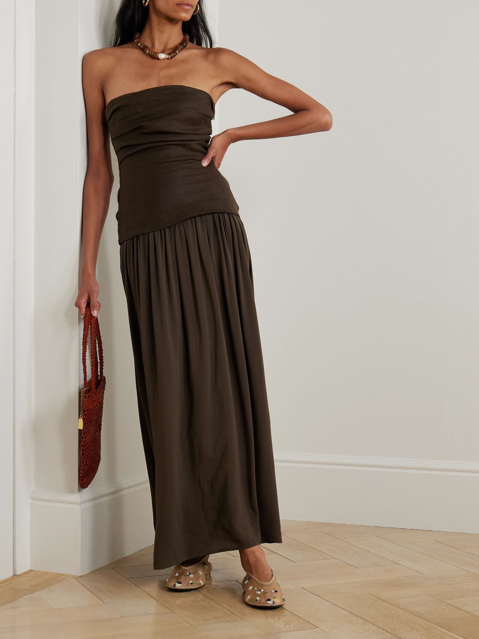Hedy strapless gathered linen and voile maxi dress Dark green - 2