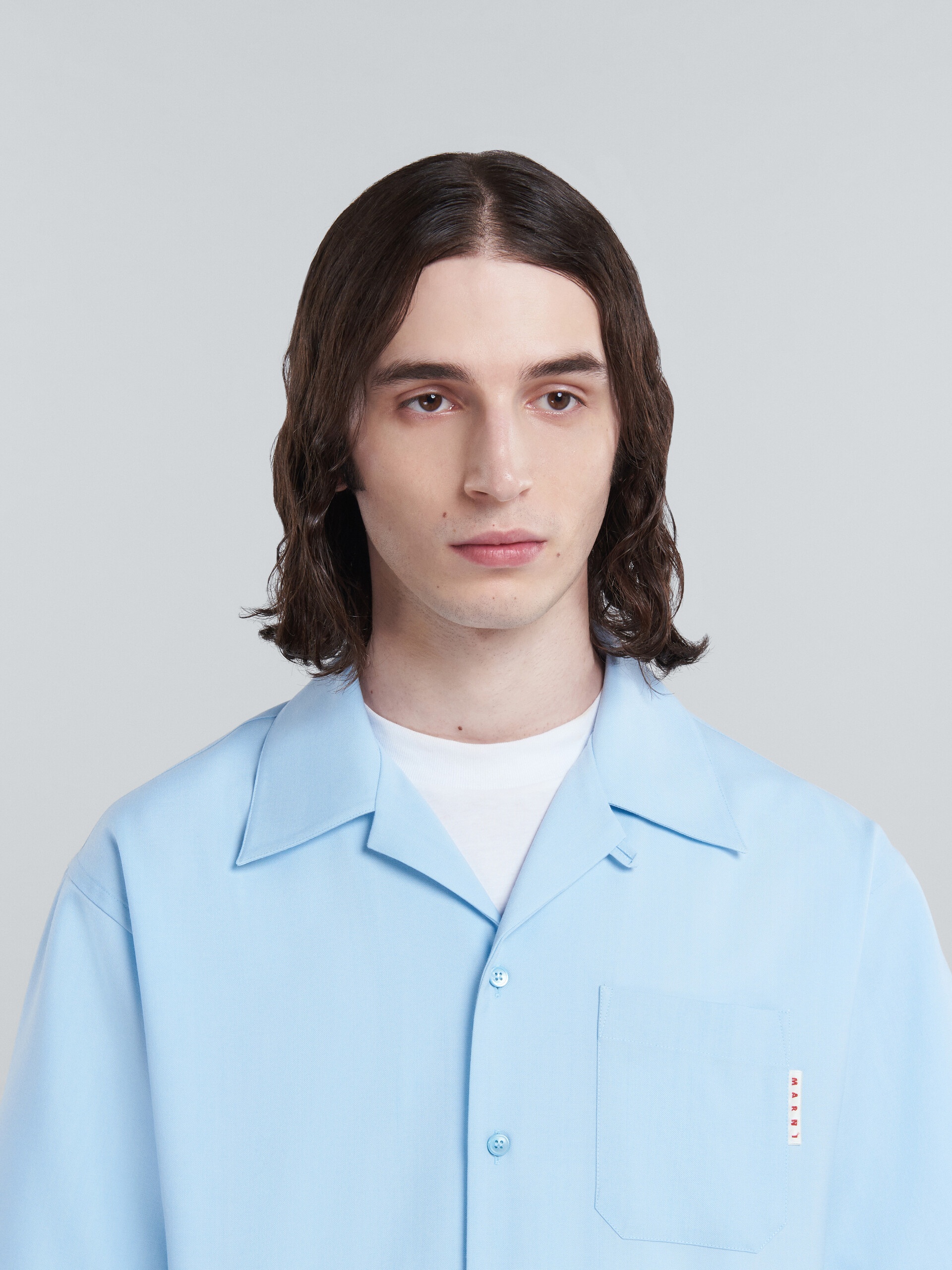 LIGHT BLUE TROPICAL WOOL BOWLING SHIRT - 4