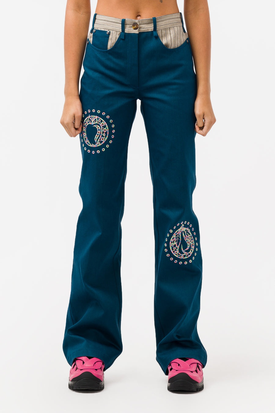 Noosa Embroidered Jeans in Sea Blue/Oyster Stripe - 1