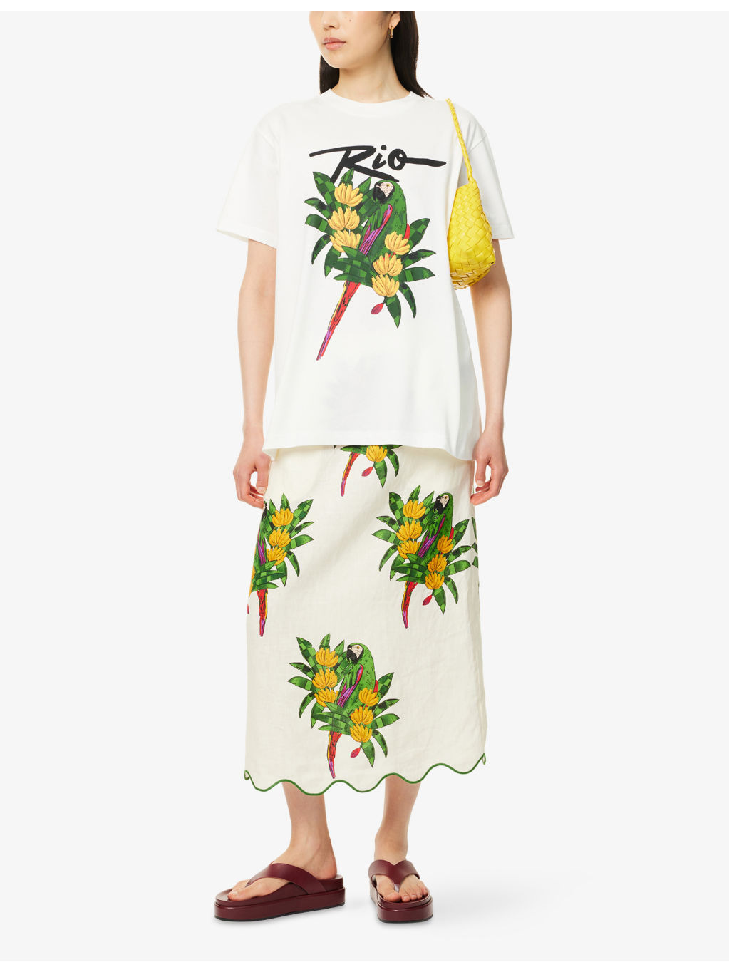 Graphic-Pattern Scalloped Linen Midi Skirt - 2