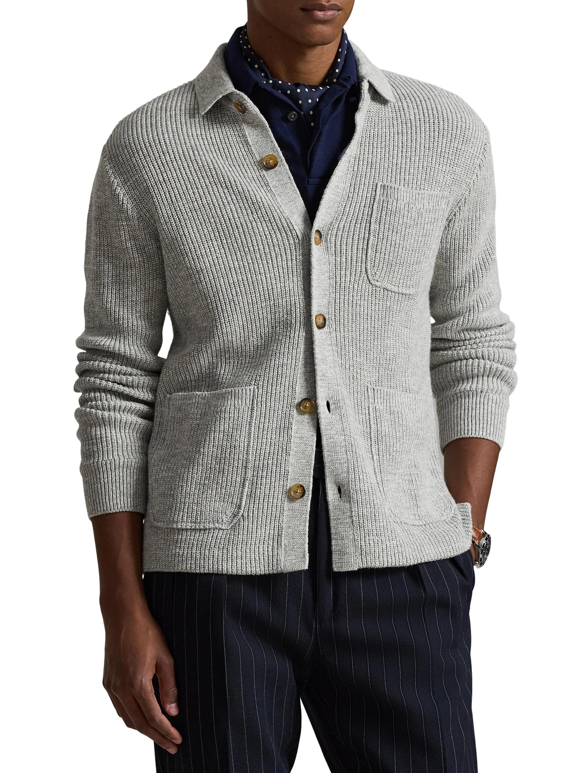 Men's Rib-Knit Cotton Pocket Cardigan - Grey Combo - 1