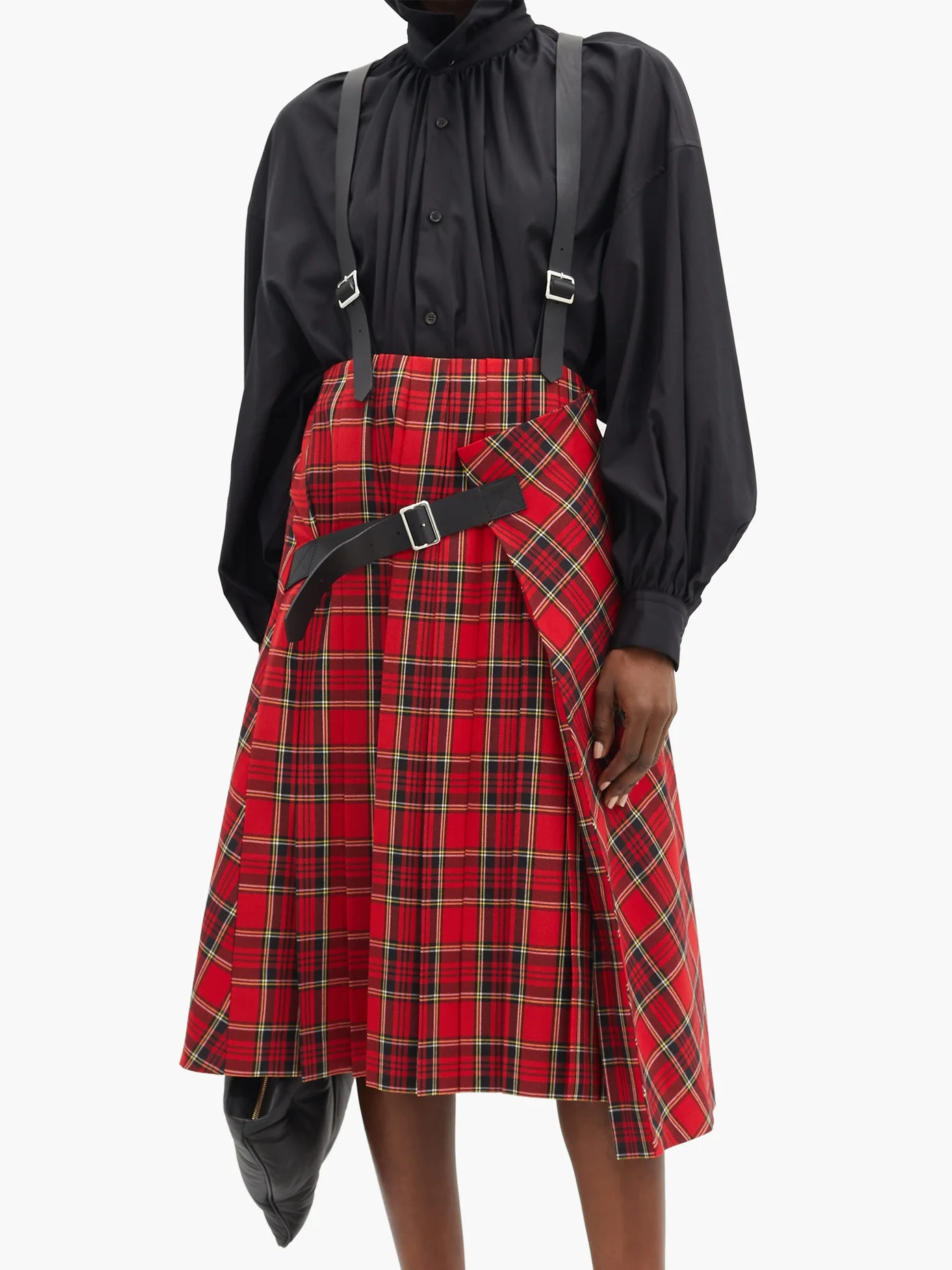 Crossover-braces pleated tartan wool-blend skirt - 6