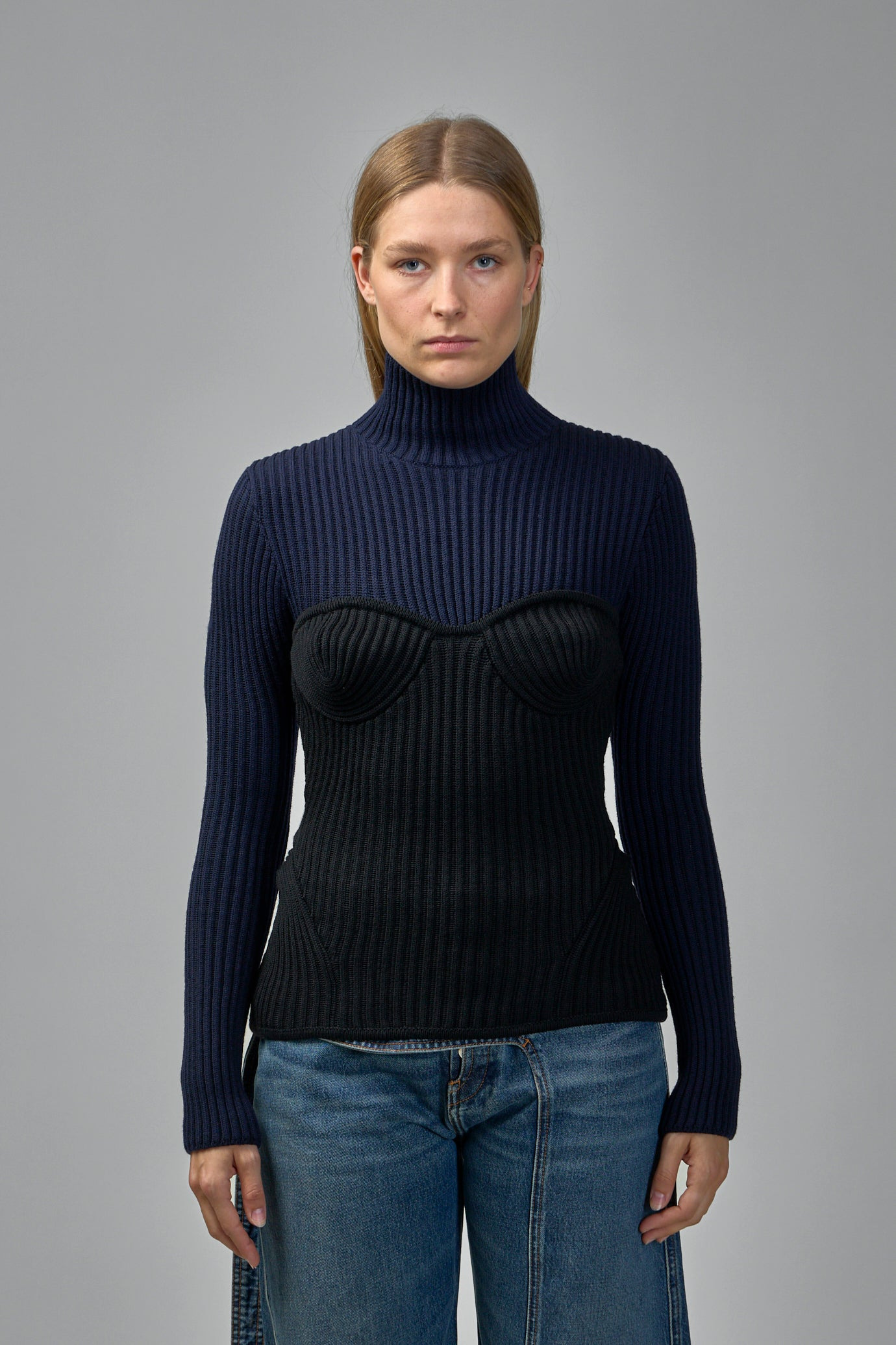 Stretch Merino Wool Ribbed High Neck Sweater - 2