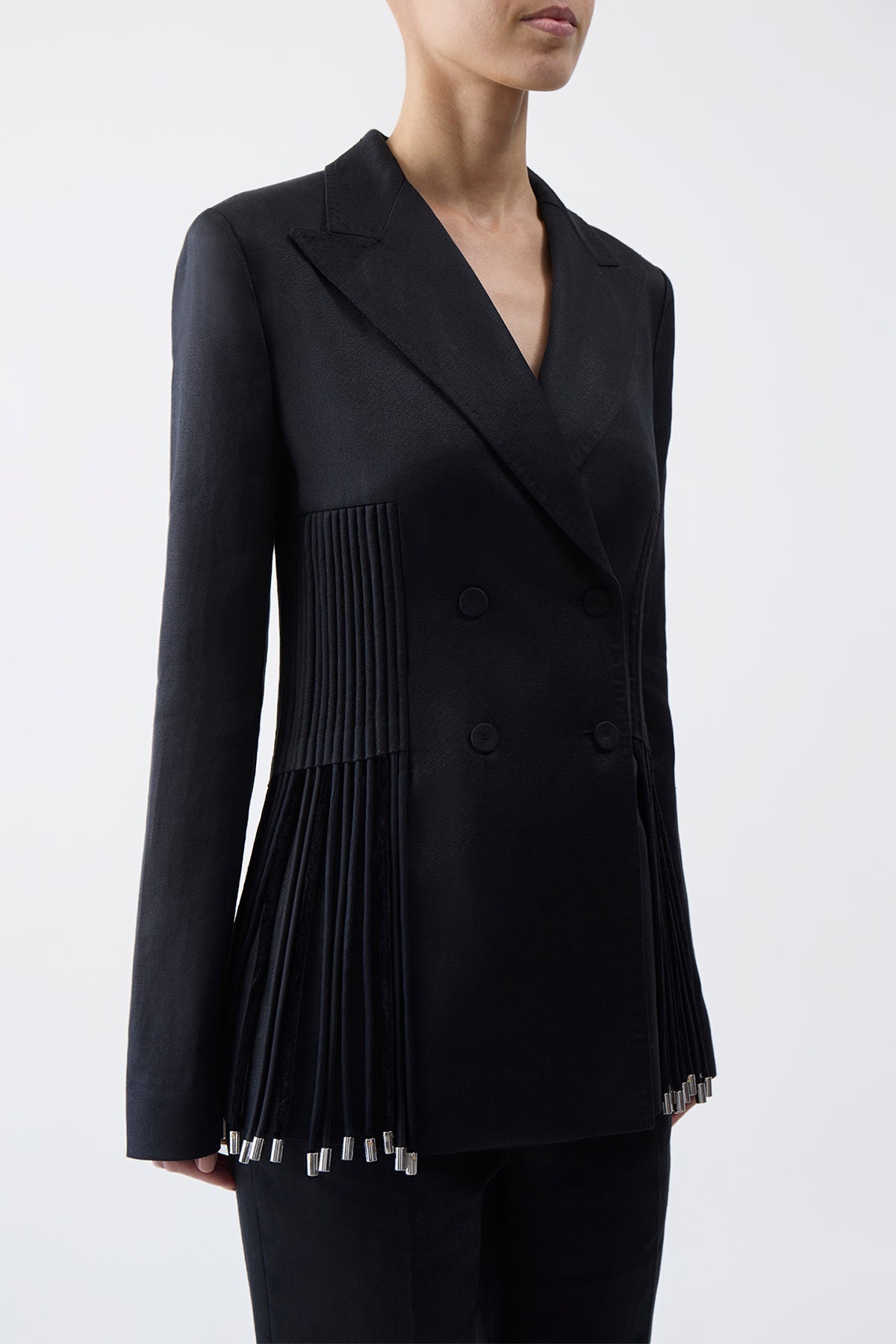 Giorgio Fringe Blazer in Black Textured Linen - 3