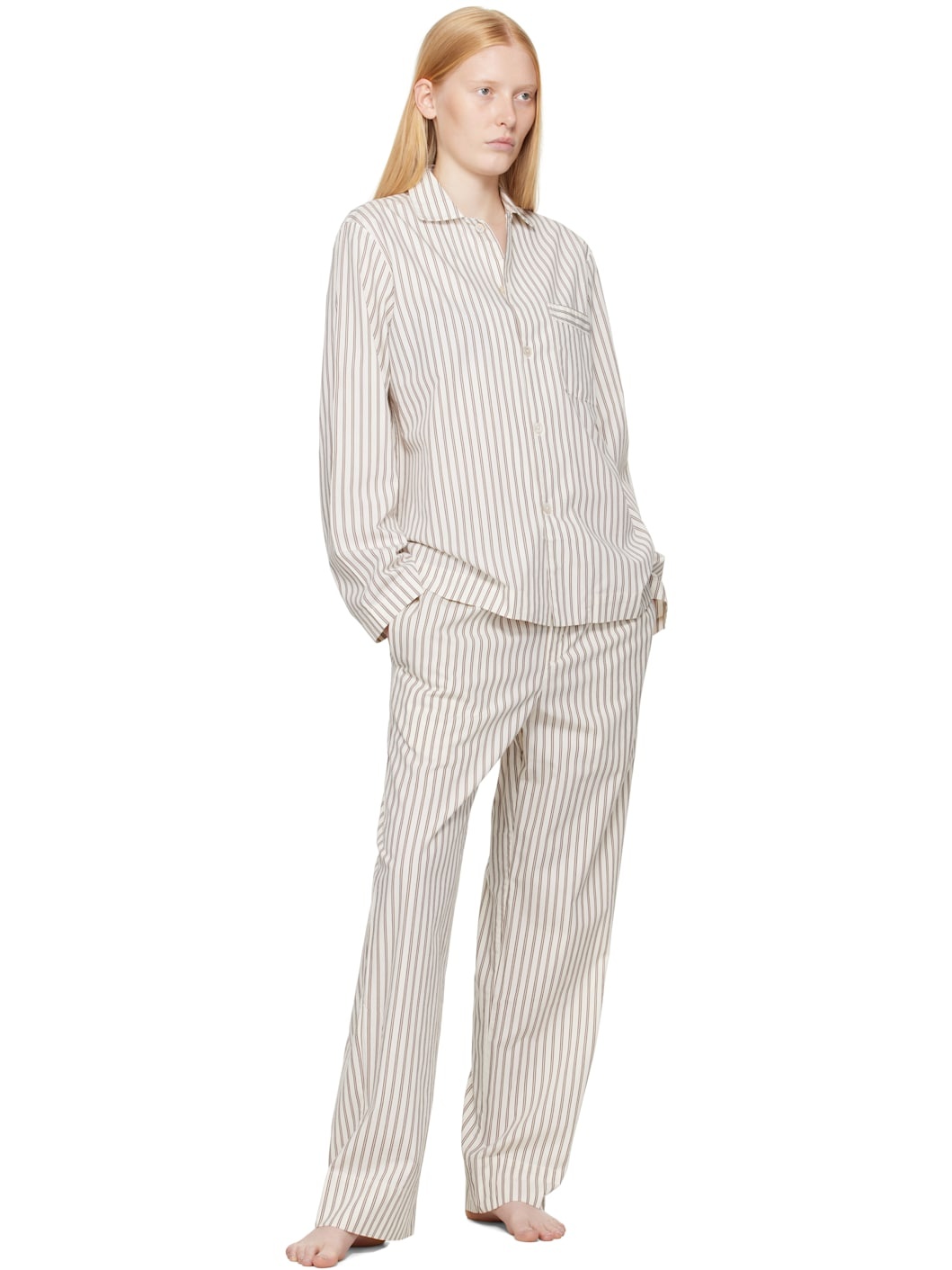 Off-White & Brown Poplin Long-Sleeved Pyjama Shirt - 4