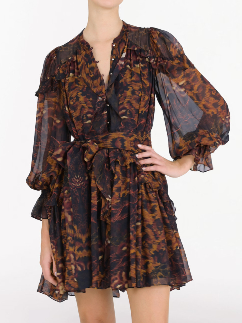 Marchesa BRAIDED LEOPARD FLOUNCED SILK CHIFFON MINI DRESS outlook