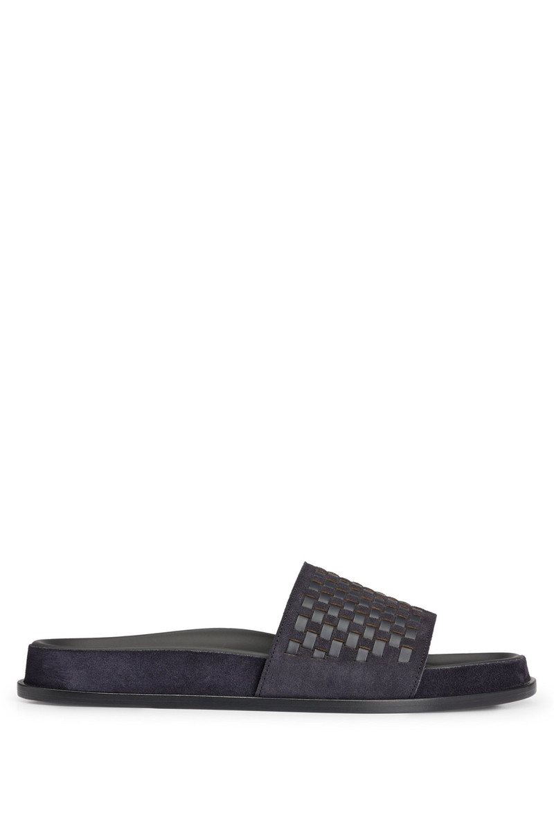 BOSS MIXED-LEATHER SLIDES WITH WOVEN UPPER STRAP outlook