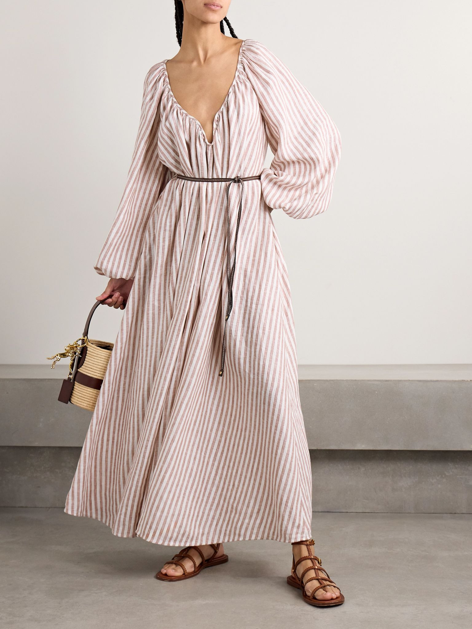 Cascadian oversized belted striped linen maxi dress Light brown - 2