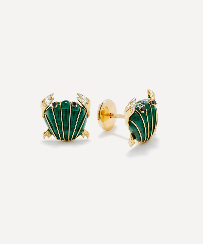 9ct Gold Malachite Diamond Shell Crab Stud Earrings 1