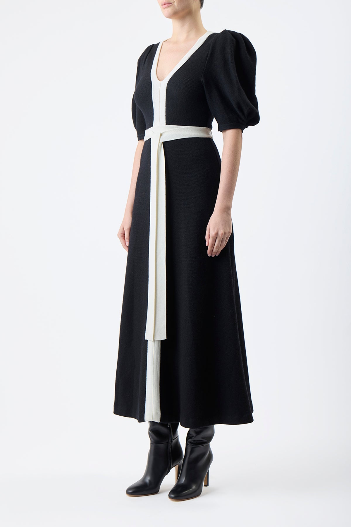 Lilias Dress in Black & Ivory Merino Wool - 4