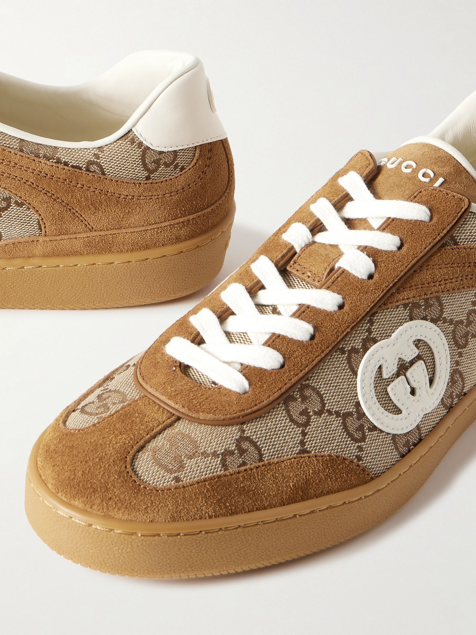 Leather and suede-trimmed coated canvas-jacquard sneakers Brown - 4