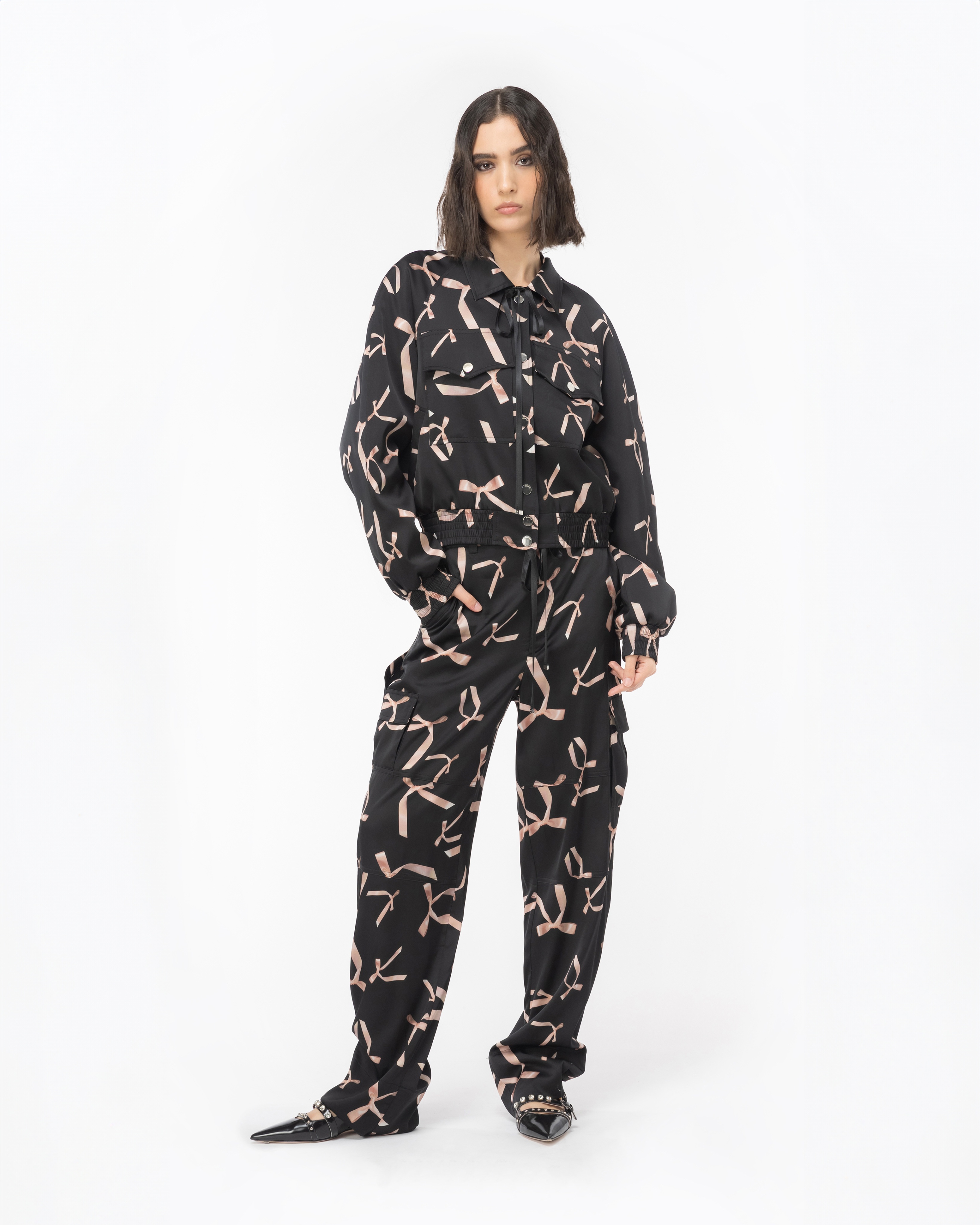 PINKO PINKO REIMAGINE BOW-PRINT SATIN BOMBER JACKET BY