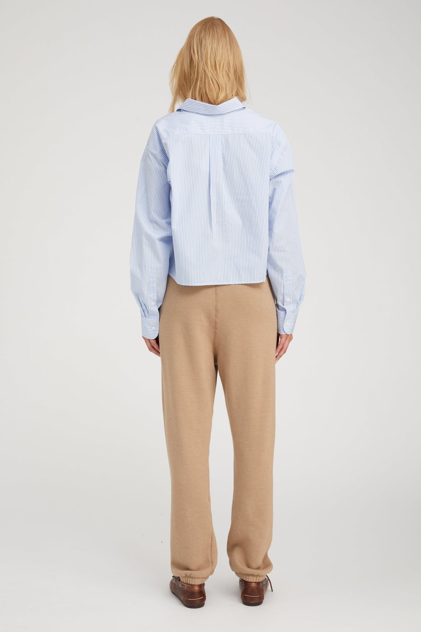 BABY BLUE STRIPED CROPPED BUTTON DOWN - 4