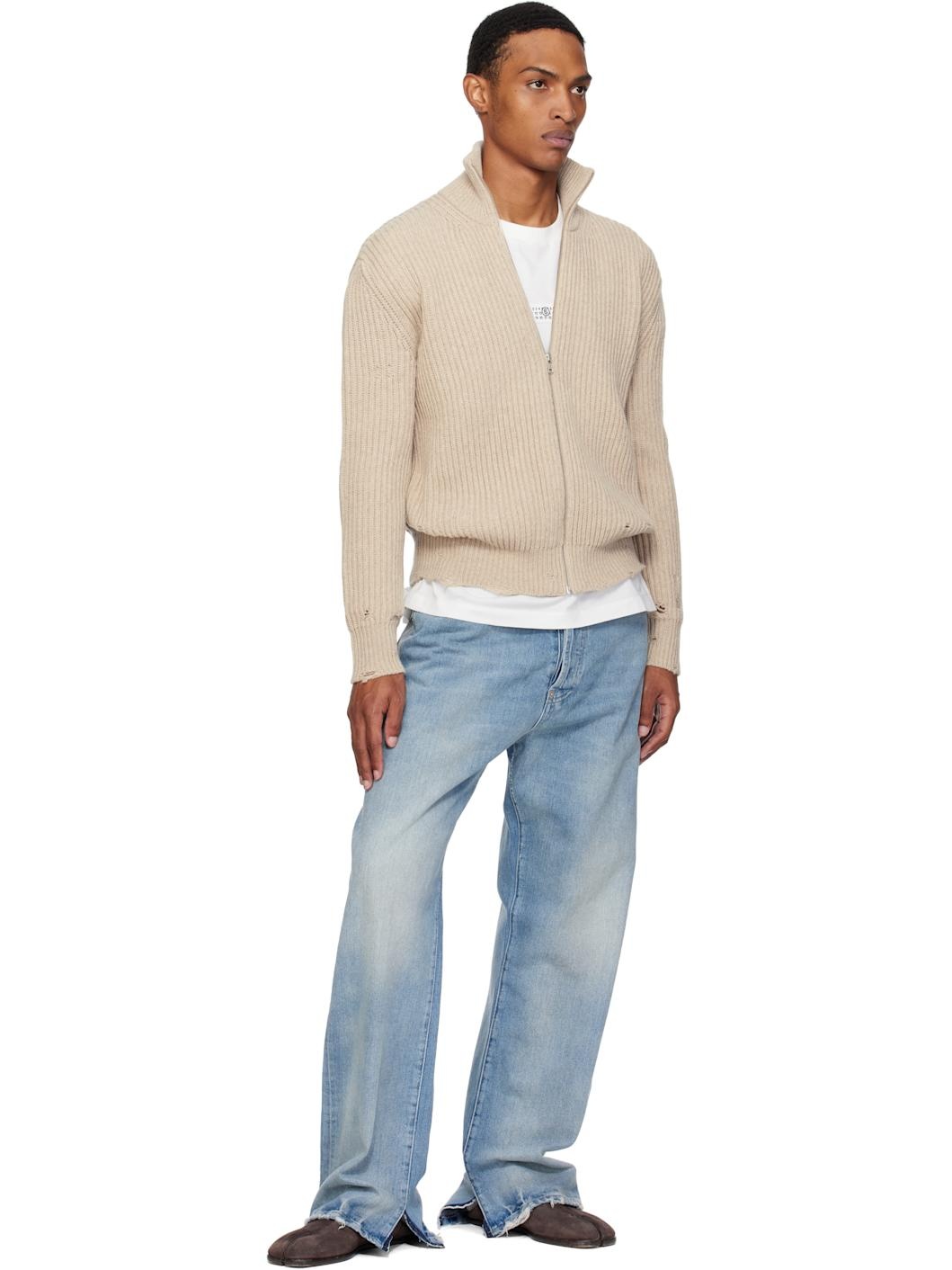 Beige Ribbed Knit Sweater - 4
