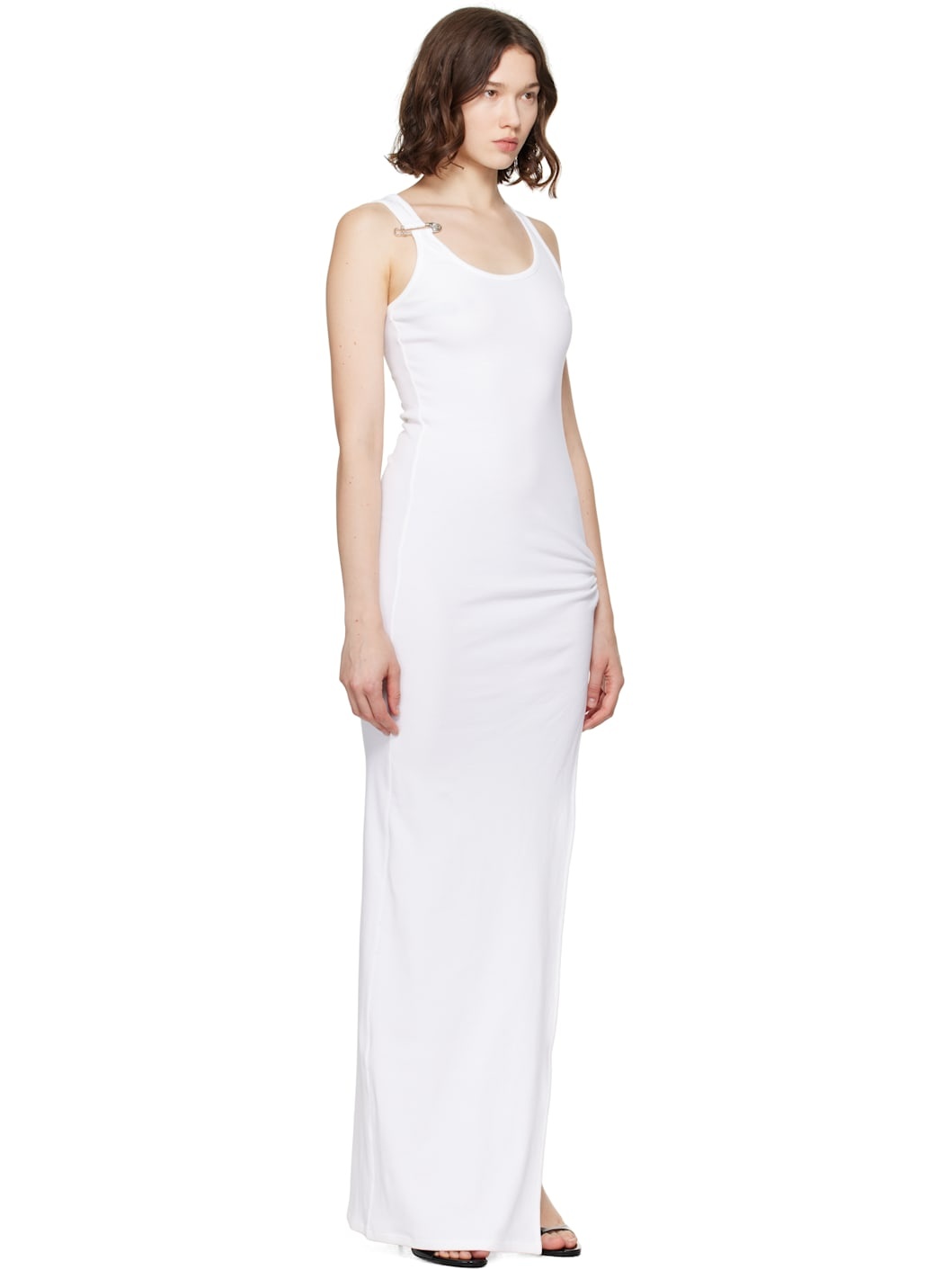 White Safety Pin Ribbed Knit Draped Gown - 2