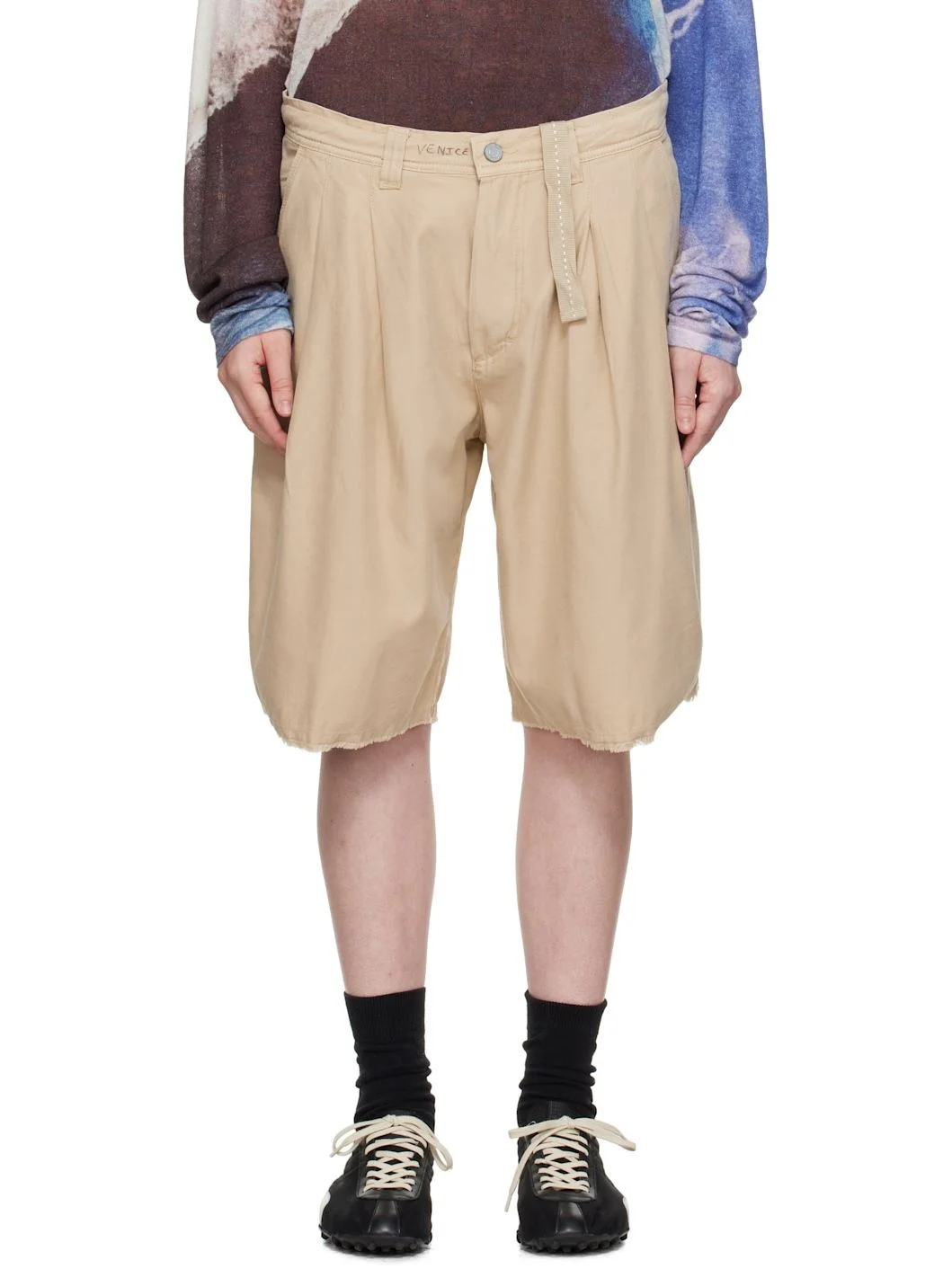 Beige Distressed Chino Shorts - 1