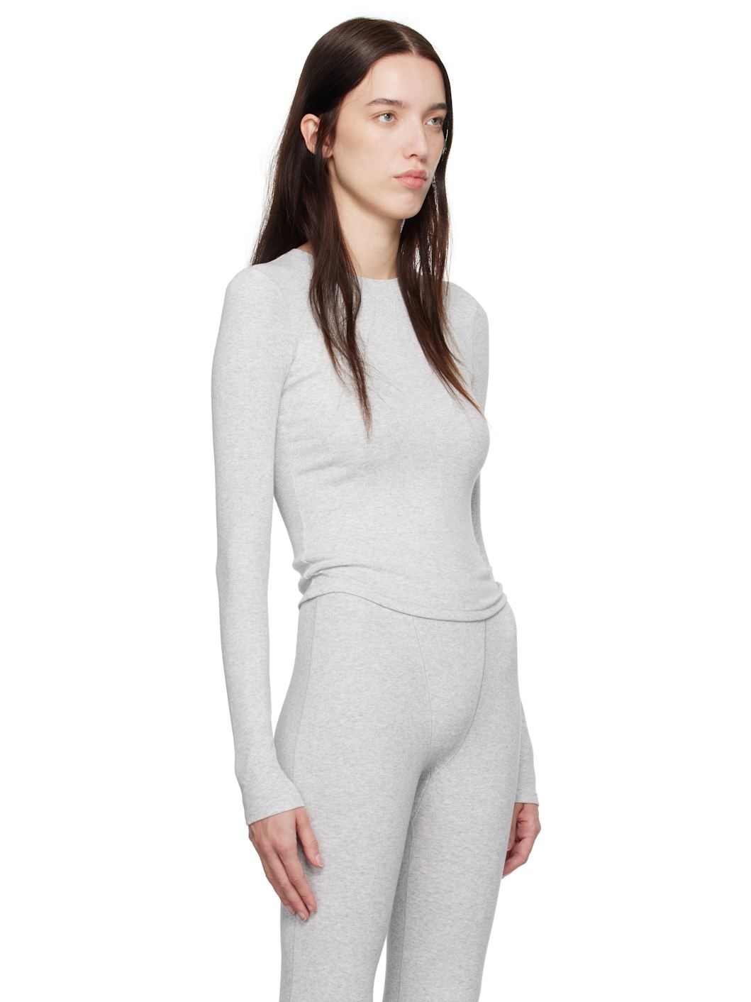 Gray Cotton Rib Long Sleeve T-shirt - 2