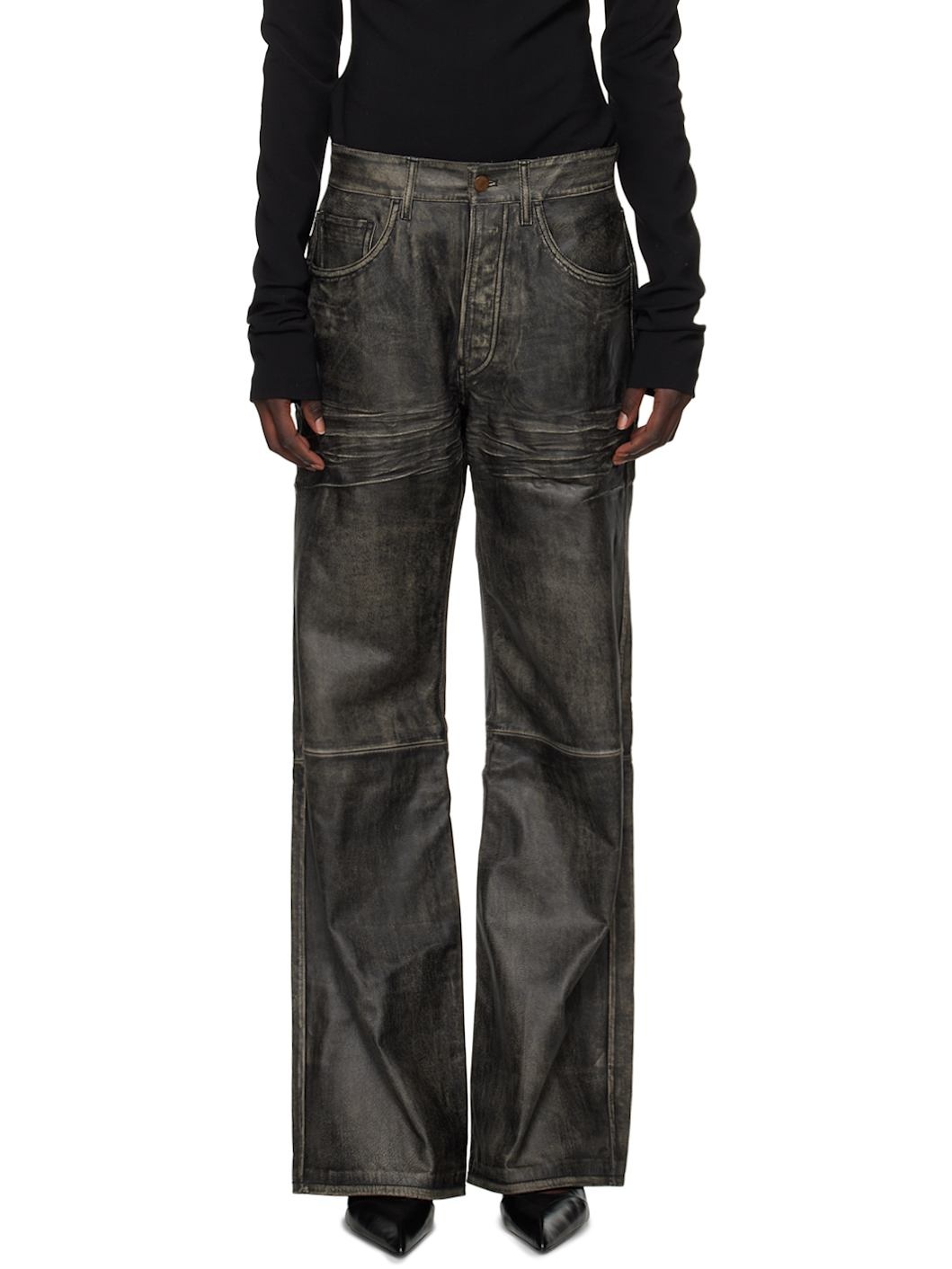 Black Faded Leather Pants - 1