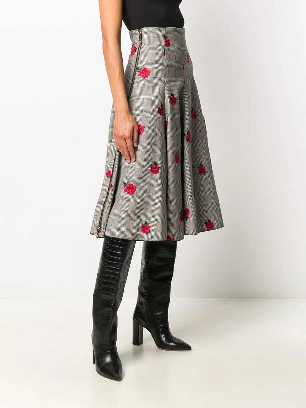 rose-embroidered check-pattern skirt - 3